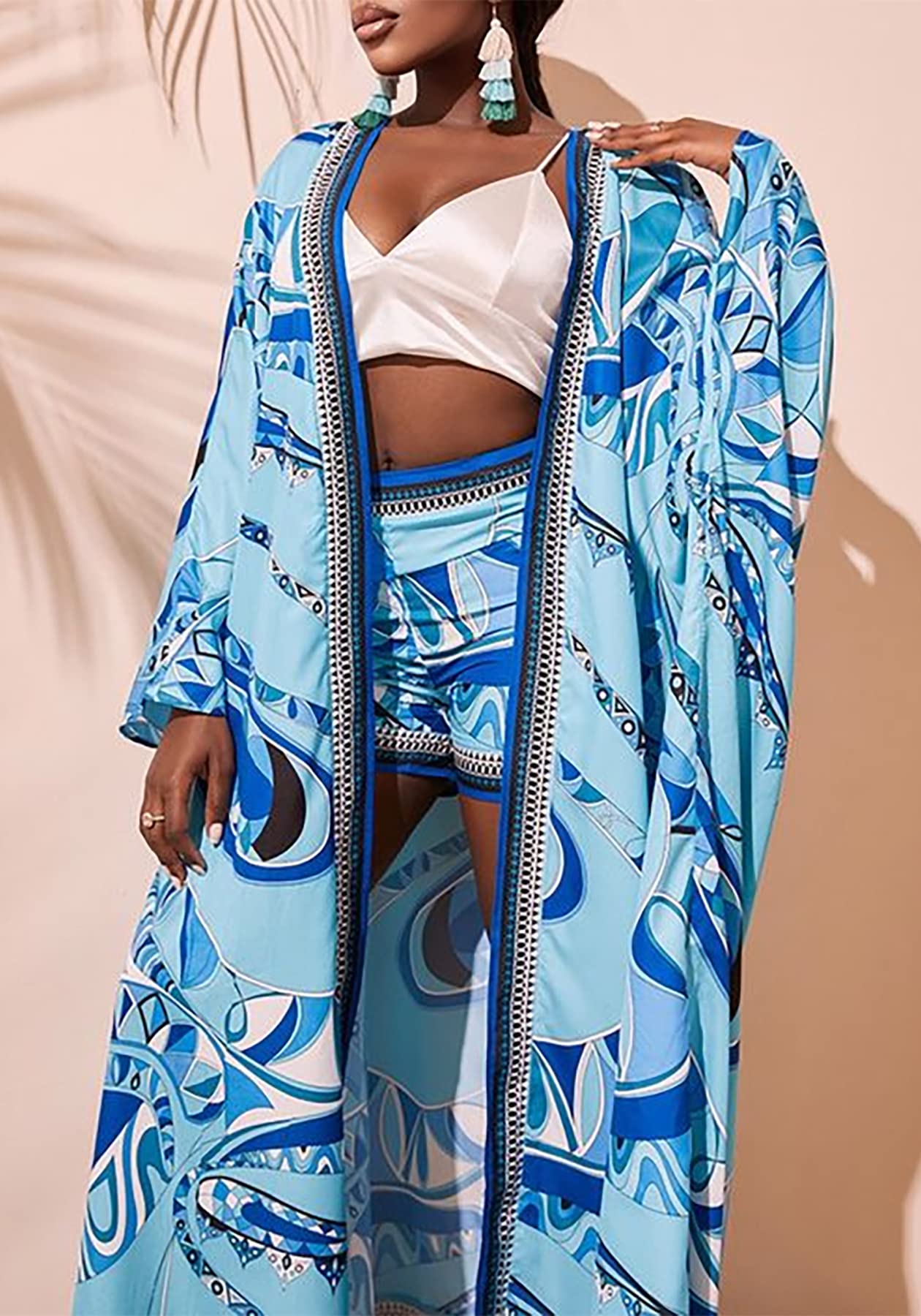 Sexy 2-Piece Women's Outfit - Beach Cover Up Shorts Set with Open Front Long Cardigan | Perfect for Summer Vacations, Pool Parties & Casual Wear