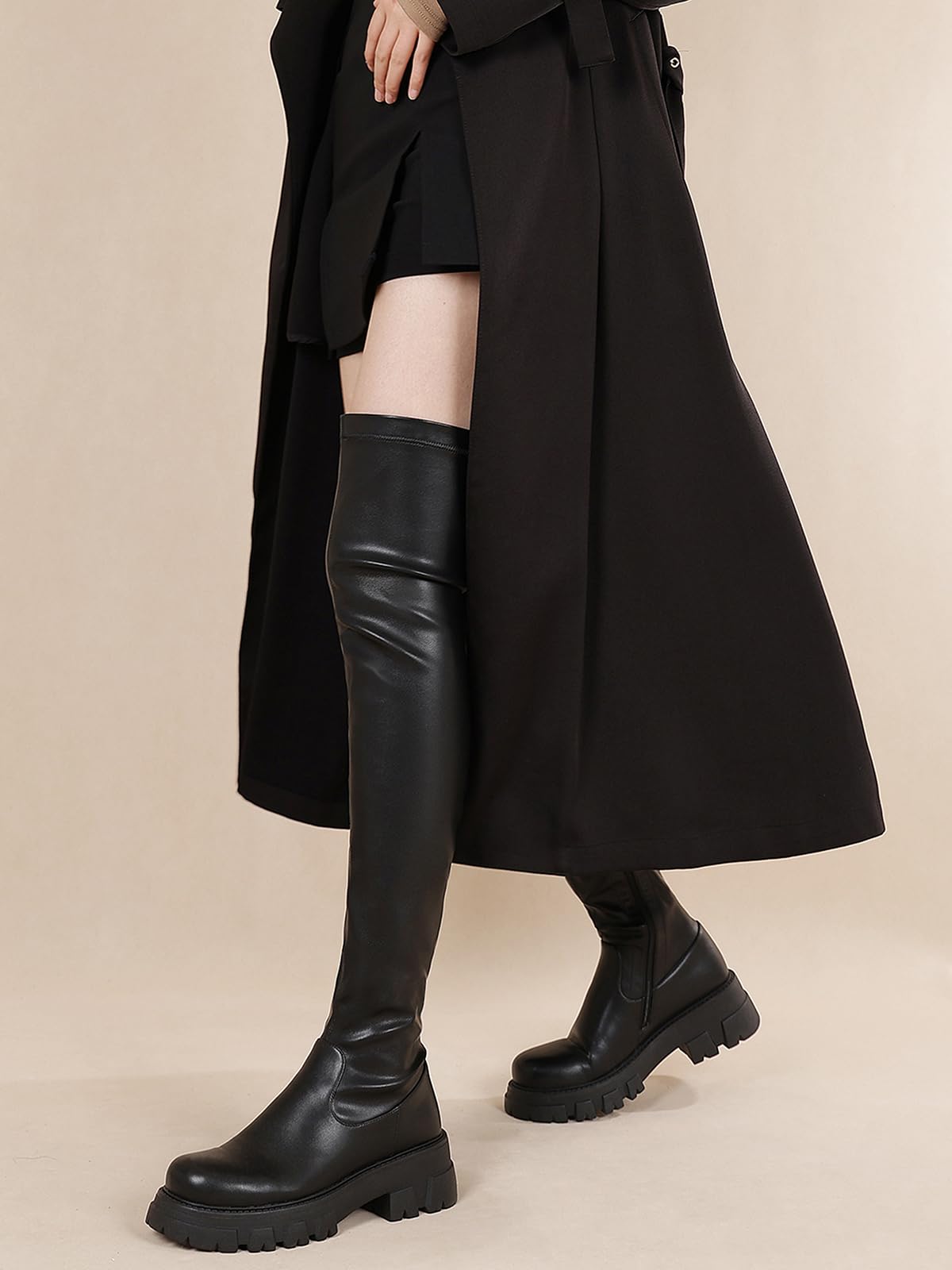 CouieCuies Black Thigh High Boots for Women - Platform Over The Knee Boots with Lug Sole & Stretch Comfort (Sizes 6-11) | Perfect for Winter Fashion, Night Out & Street Style