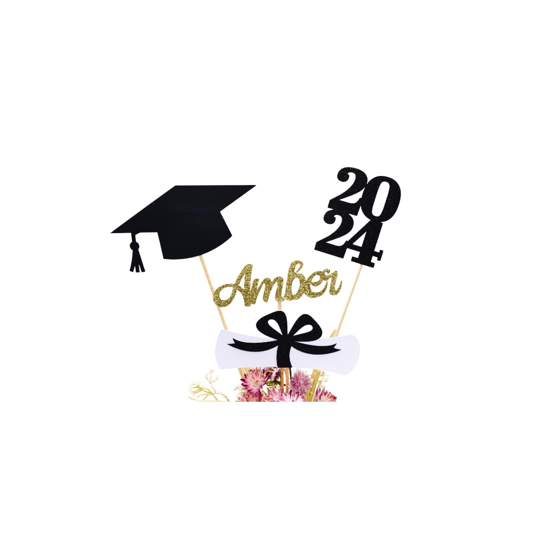 2025 Graduation Party Decorations - Custom Name Graduation Centerpiece Sticks with Cap & Diploma Design - Purple Glitter Table Decor for Graduation Ceremony, Party & Photo Backdrop - Purple & Black Theme