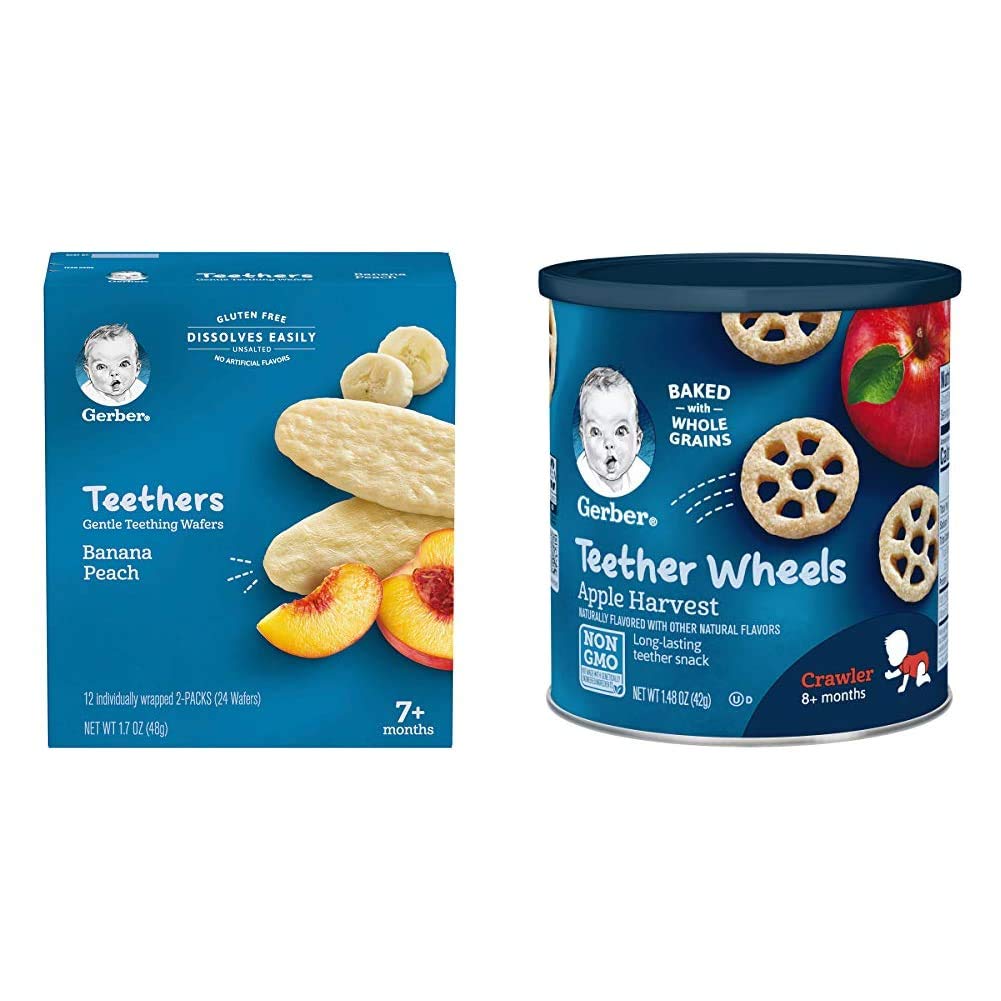 Gerber Baby Teething Snacks - Gentle Teething Wafers (Banana Peach, 1.7oz) & Teether Wheels (Apple Harvest, 1.48oz) - 12 Count & 6 Pack - Healthy Infant Snacks for Soothing Sore Gums - Perfect for On-the-Go, Daycare or Travel Snacking