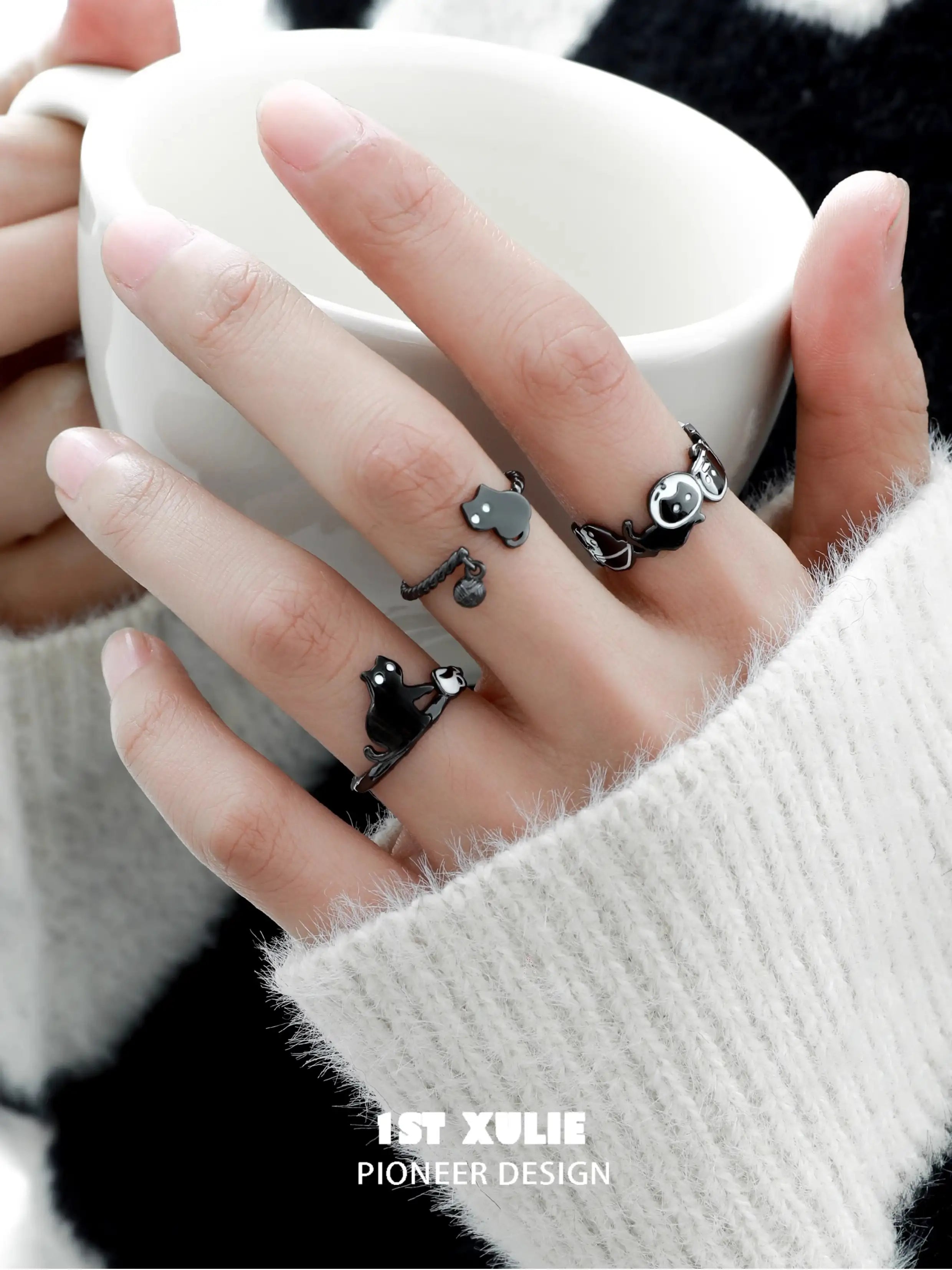 Black Cat Ghost Adjustable Sterling Silver S925 Thin Band Ring - Perfect for Halloween, Cosplay, and Gothic Fashion Accessories