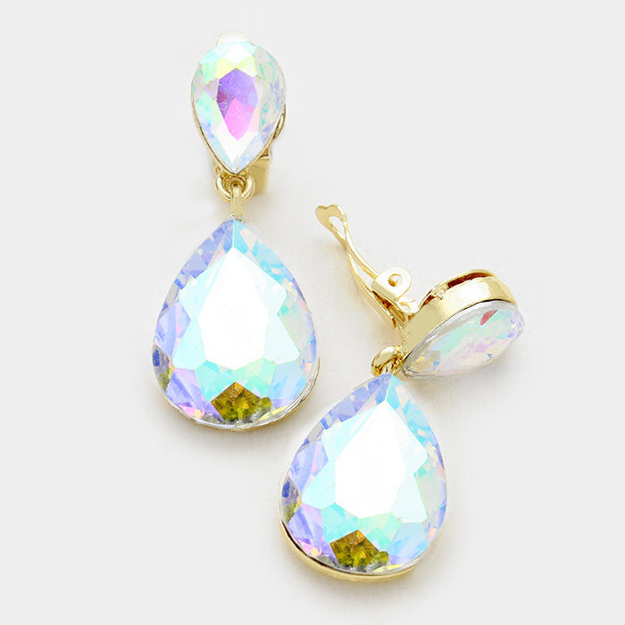 Little Girls Clip-On AB Teardrop Earrings in Gold | 334672 | Perfect for Birthday Gifts, Parties & Special Occasions