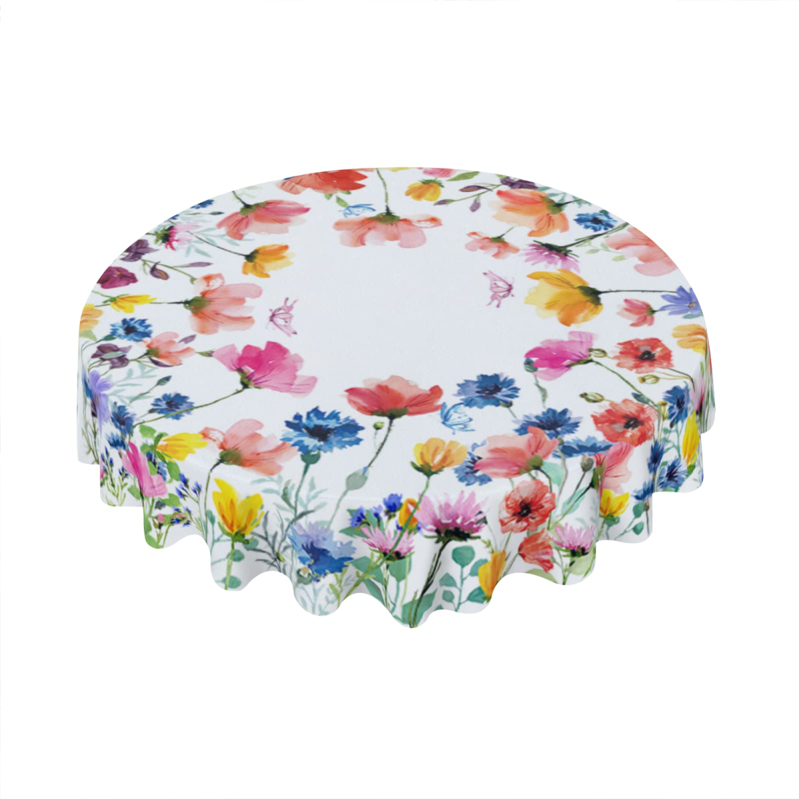 Butterfly Spring Floral 60 Inch Round Polyester Washable Tablecloth for Kitchen, Dining Room, Wedding, and Party