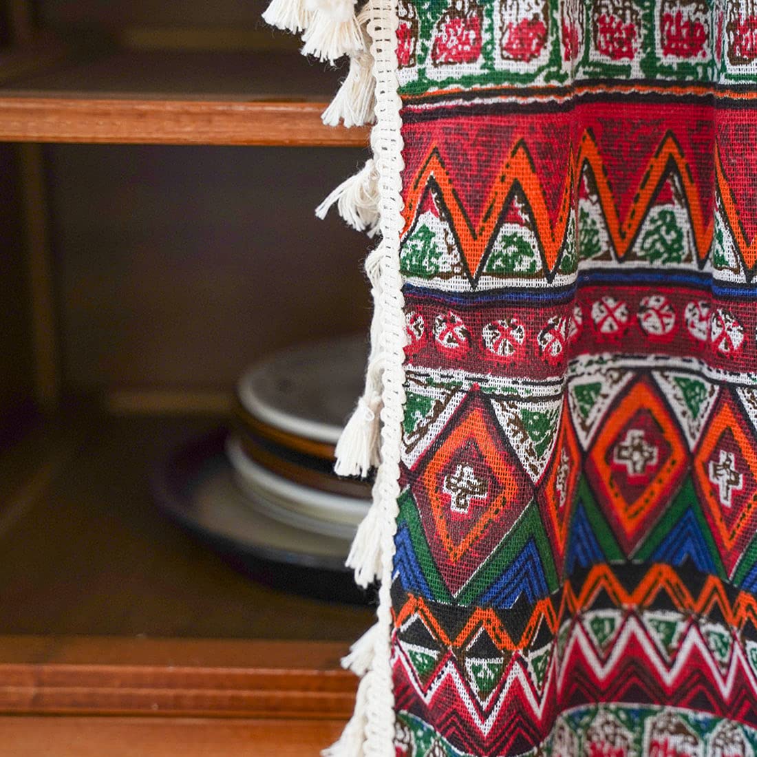Boho Cotton Linen Cafe Curtains with Tassels - Geometric Print Short Kitchen Curtains with Rod Pocket, 24x35 Inches, Red - Perfect for Kitchen Windows, Cabinets & Boho Home Decor