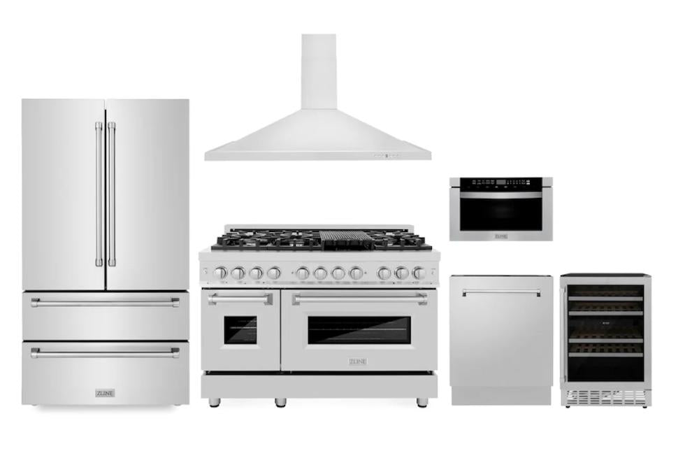 ZLINE 48-Inch Stainless Steel Dual Fuel Range Kitchen Package with Range Hood, Microwave Drawer, Dishwasher & Wine Cooler - Professional Grade Appliances for Modern Kitchens | Perfect for Home Chefs & Entertaining Guests