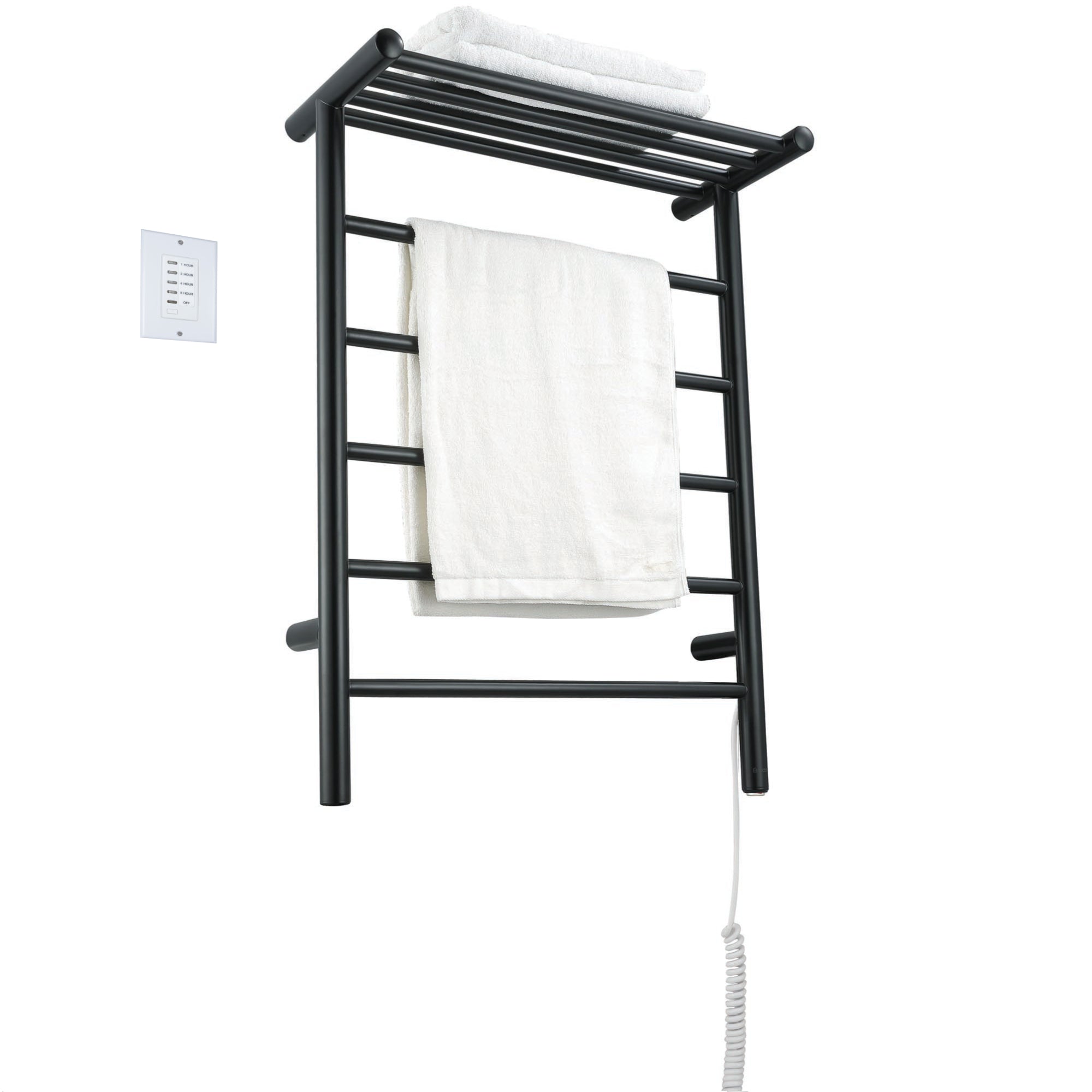 Ancona Miazzo 5 Bar Electric Wall Mount Towel Warmer - Plug In & Hardwire with Shelf & Timer - Matte Black - Perfect for Bathroom, Spa & Luxury Home Heating