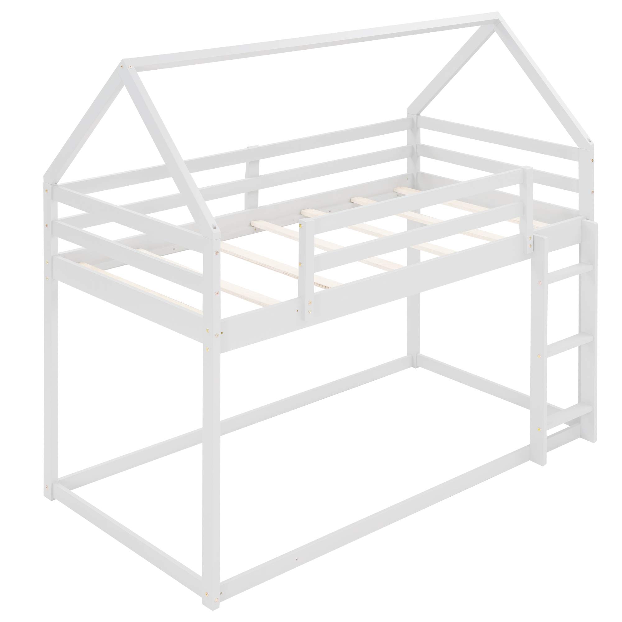 Harper & Bright Designs Twin Over Twin Low Bunk Bed - Solid Wood House Frame with Ladder & Safety Rails for Kids, Teens, Boys & Girls (White) | Space-Saving Bedroom Solution for Small Rooms, Shared Kids Rooms & Sleepovers