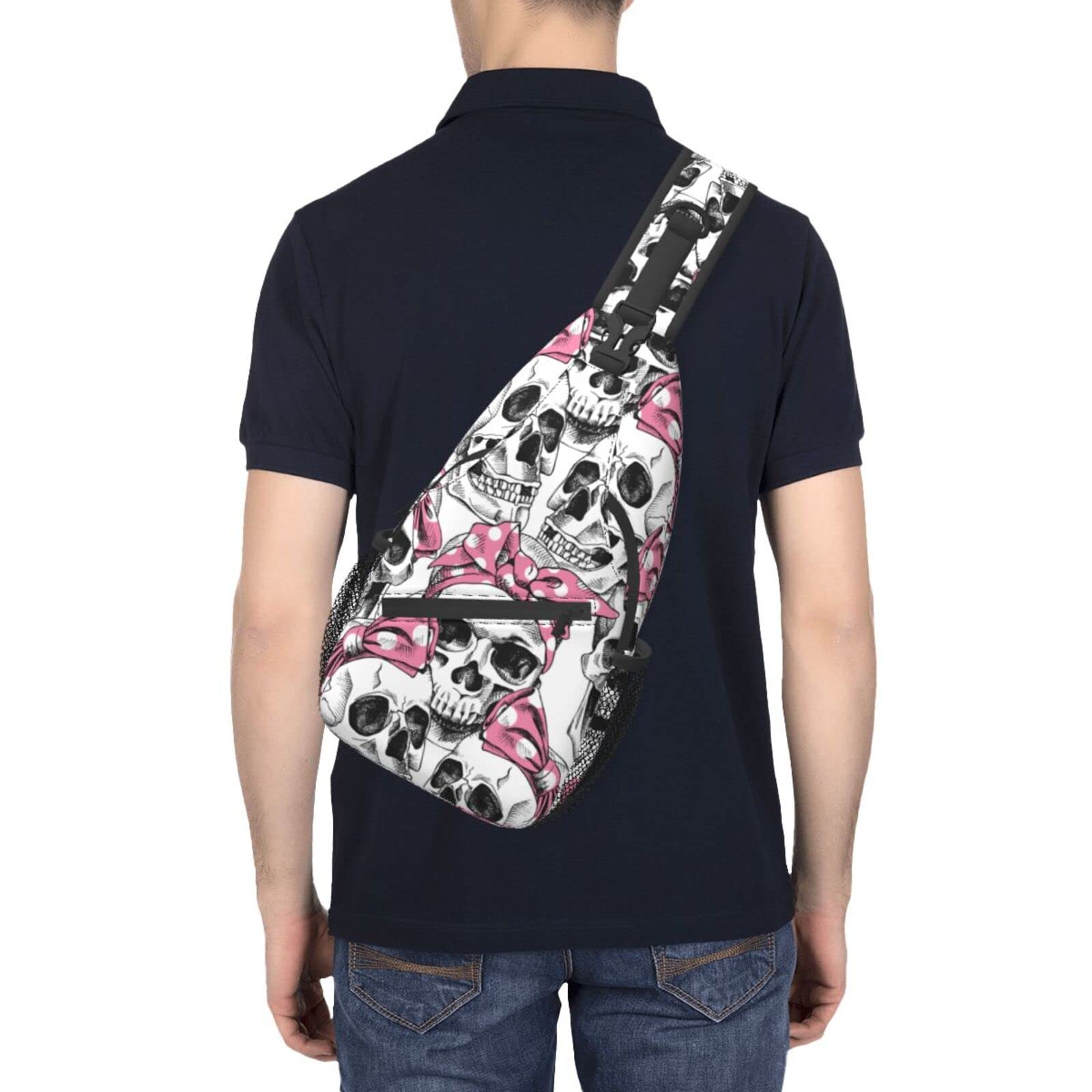 Skull Print Sling Bag with Adjustable Headband - Crossbody Backpack for Women & Men - Lightweight Shoulder Bag for Hiking, Travel, Cycling & Outdoor Activities - Small Daypack with Single Strap - Casual Chest Bag Purse for Everyday Use