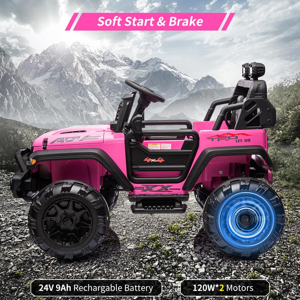 GARVEE 24V Electric Ride On Truck for Kids - 2 Seater Remote Control Car with LED Lights, Music & Horn | Large Storage Space & Cup Holder | Pink Toddler Toy Vehicle for Ages 3-8 | Perfect for Outdoor Play, Birthday Gifts & Family Fun