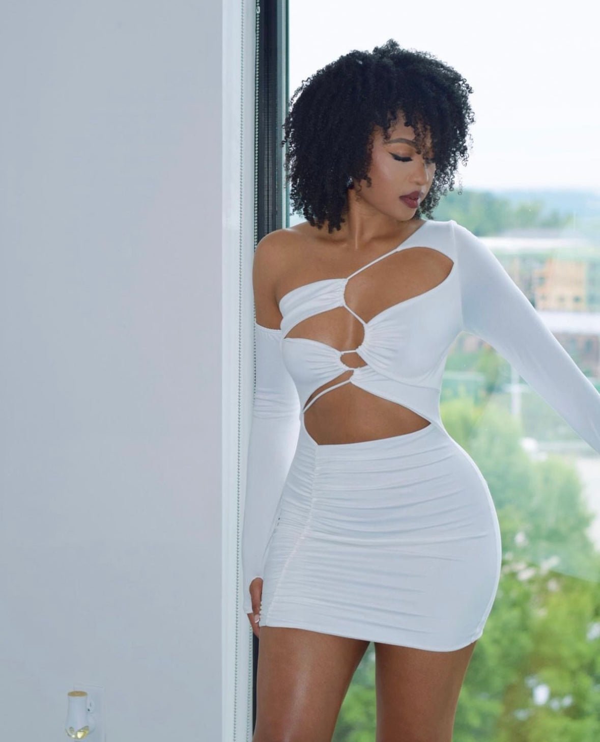 Elegant White One Shoulder Long Sleeve Ruched Bodycon Dress with Drawstring & Cut Out Details - Perfect for Cocktail Parties, Date Nights & Special Occasions