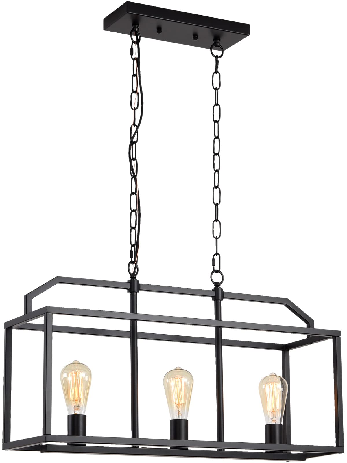 WAMDUD Black Farmhouse Kitchen Island Lighting - Modern Linear Dining Room Chandelier with Cage Design, Rectangular Light Fixture for Kitchen, Bar, Foyer (3-Light) - Perfect for Farmhouse, Industrial & Rustic Home Decor