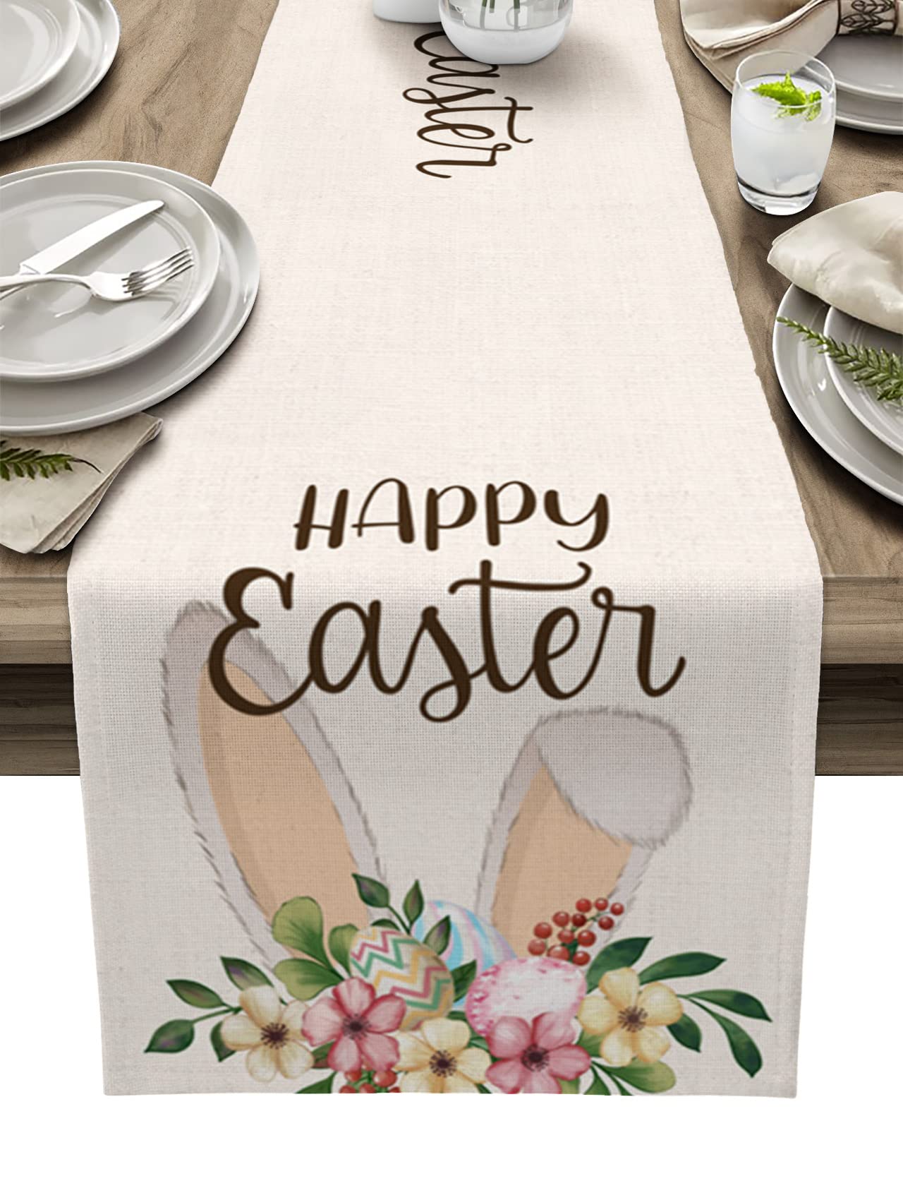 70 Inch Cotton Linen Table Runner - Floral Easter Eggs Bunny Design for Dining Table, Kitchen, Bedroom Decor | Easter Home Decoration & Seasonal Table Setting Accessory