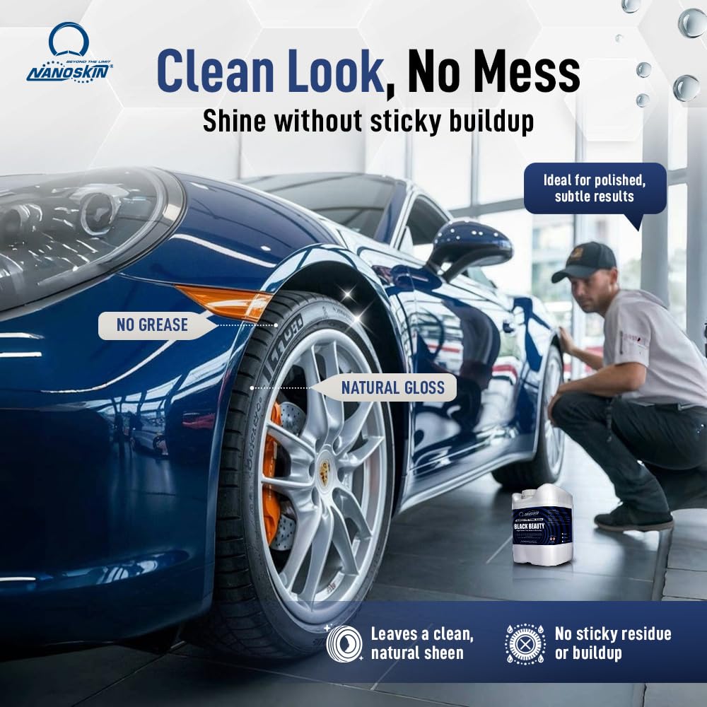 Nanoskin Black Beauty Tire Shine & Conditioner 5 Gallons - Water-Repellent UV Resistant Tire Shine Spray - Non-Greasy Formula Restores Deep Black Finish - Works with Manual & Automatic Applicators for Cars, Trucks, SUVs - Perfect for Car Detailing, Auto Show Prep & Daily Vehicle Maintenance