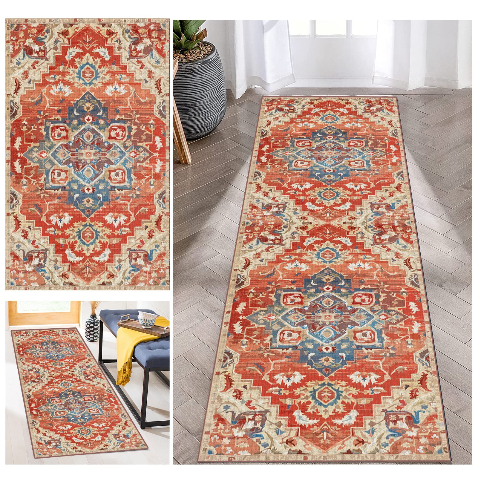 Vintage Traditional Runner Rug 3'x10' - Stain Resistant, Waterproof, Non-Slip Long Area Rug for Hallway, Kitchen, Entryway, Laundry Room - Washable Custom Size Doormat for High Traffic Areas & Home Decor