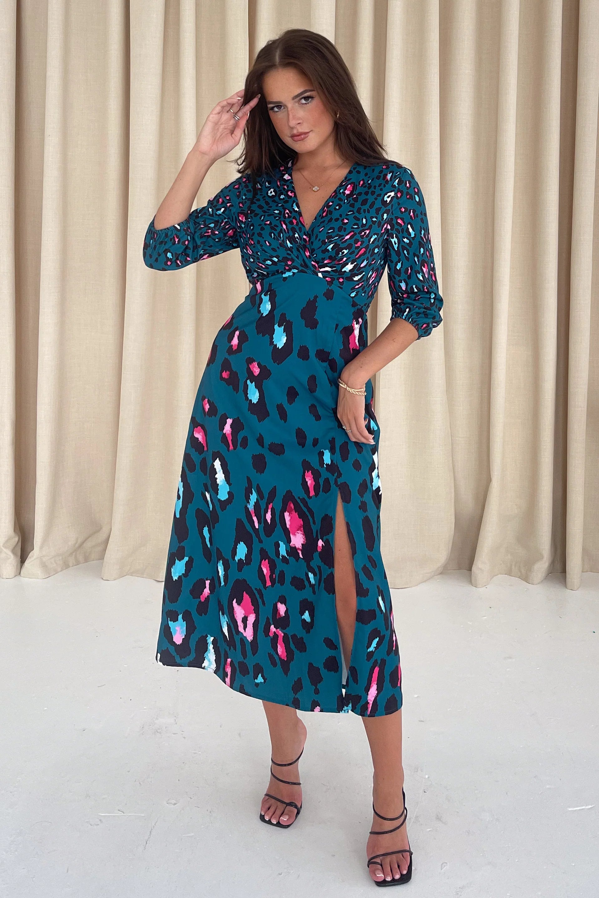 Lydia Midi Dress - Floral Print Mixed Green Animal Pattern Summer Casual Dress for Women | Perfect for Beach Vacations, Date Nights & Outdoor Parties