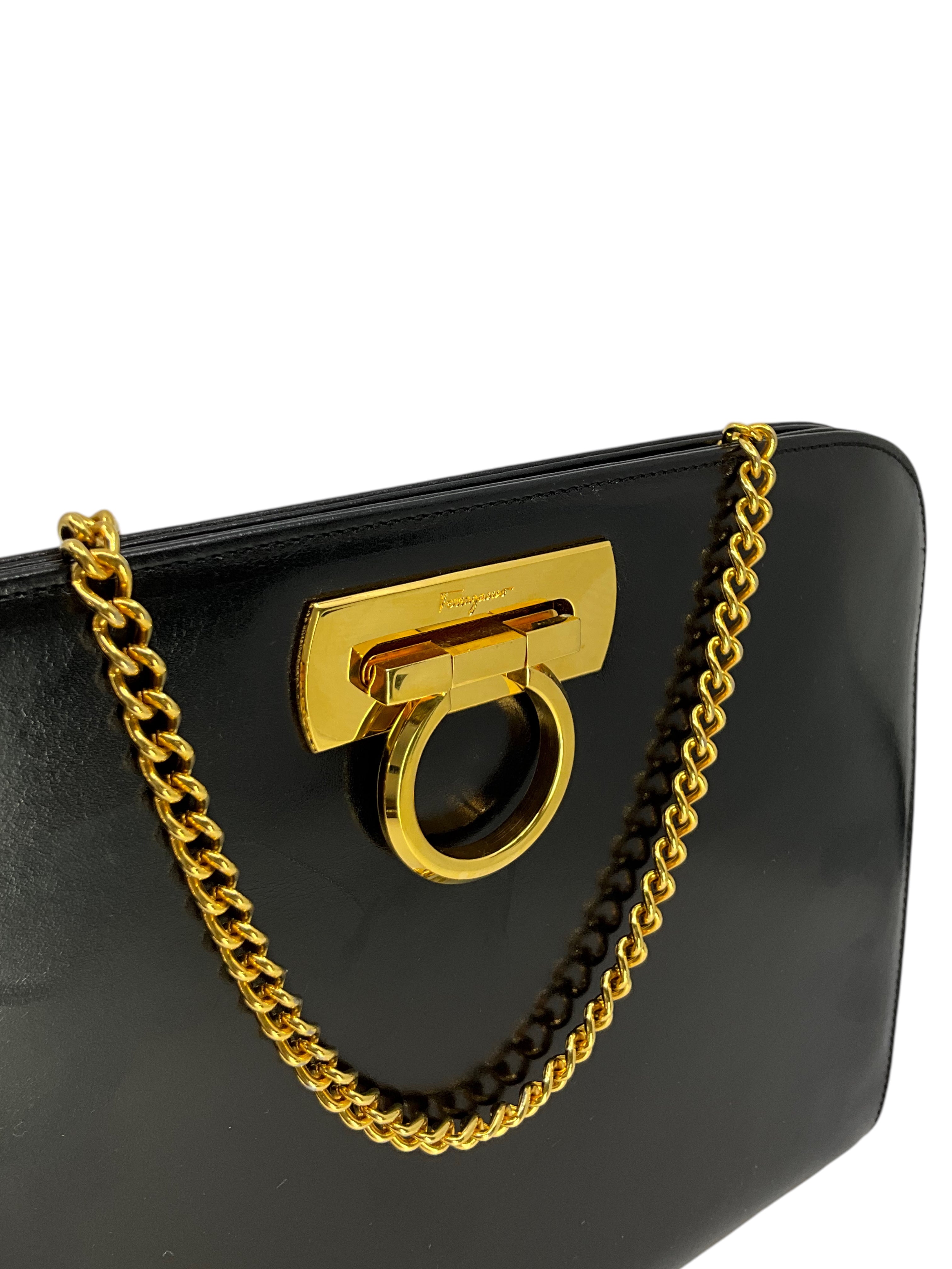 Salvatore Ferragamo Genuine Leather Gancini Chain Link Shoulder Bag for Women - Luxury Designer Handbag for Work, Travel & Evening Events