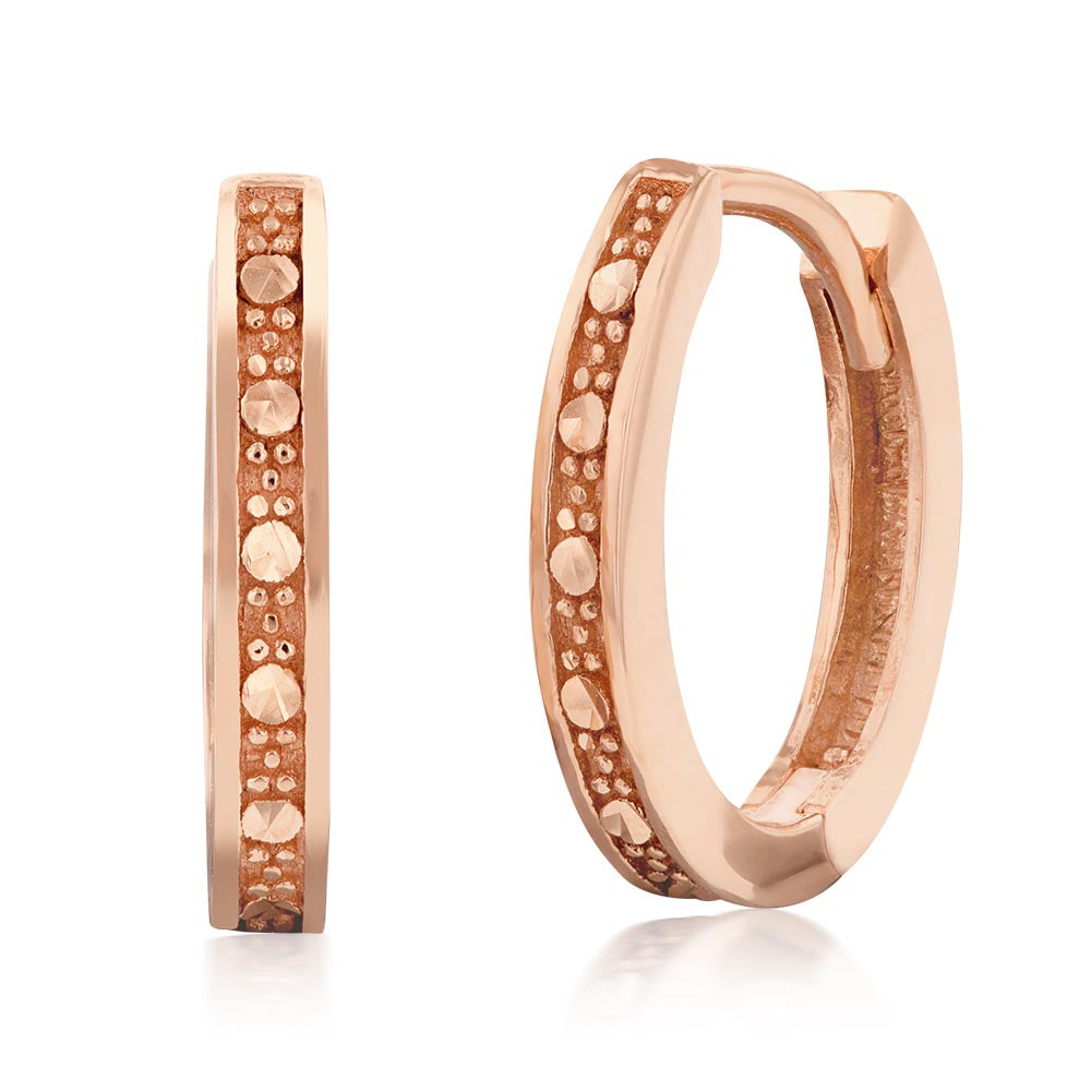 9ct Rose Gold Textured Diamond Cut Huggie Hoop Earrings for Women - Perfect for Everyday Wear, Date Nights & Special Occasions