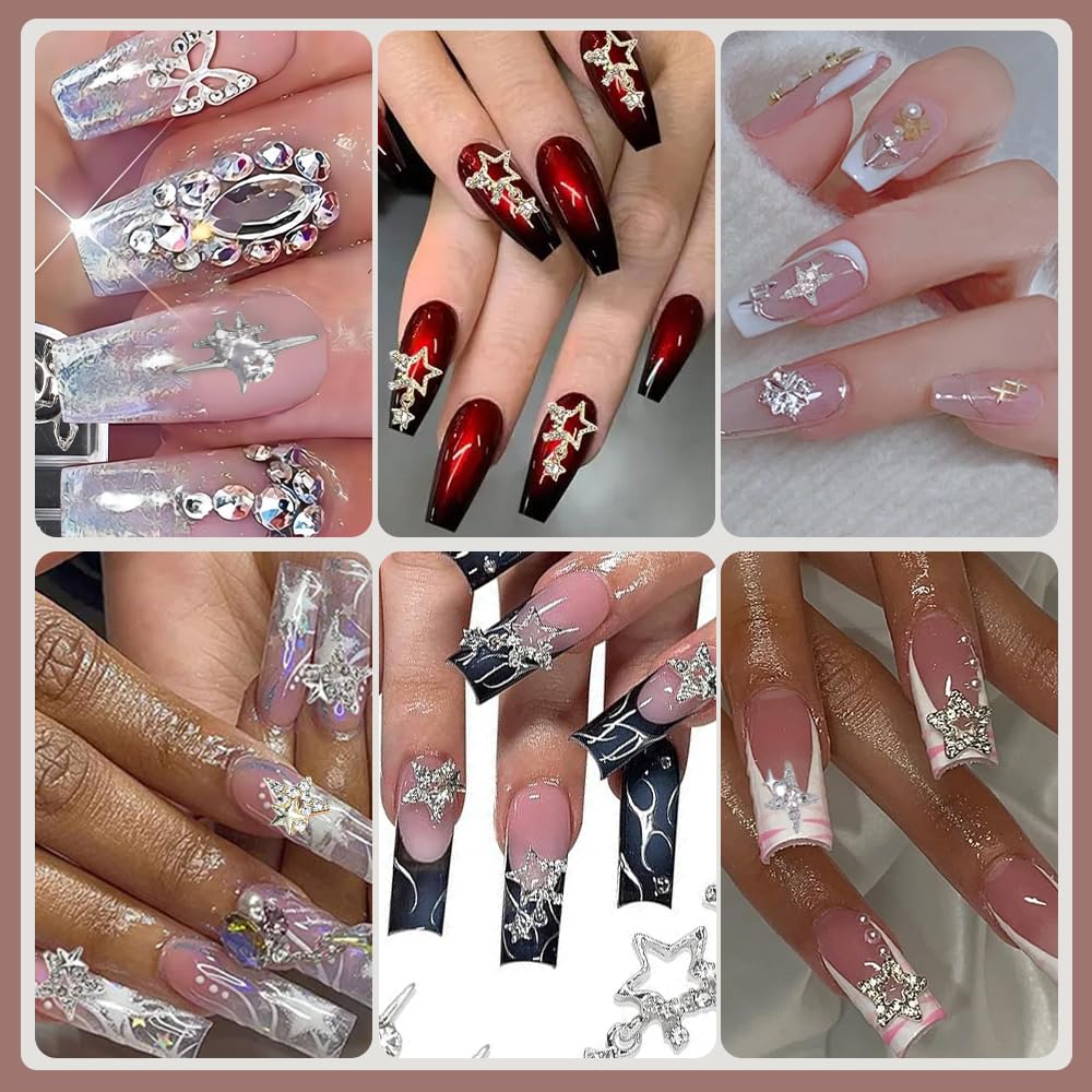 60 PCS Gold Silver Star Nail Art Charms - 6 Styles 3D Shiny Alloy Nail Gems for Acrylic Nails | DIY Nail Decorations for Women & Girls | Perfect for Manicures, Parties & Special Occasions