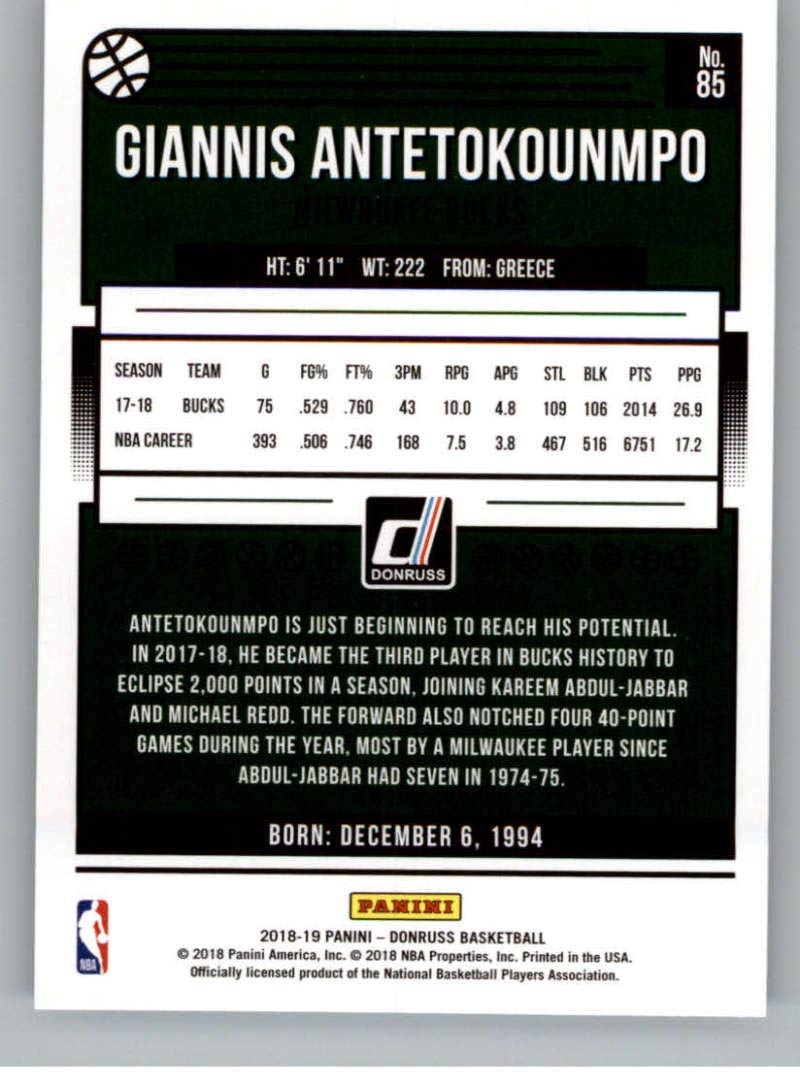 2018-19 Donruss #85 Giannis Antetokounmpo Milwaukee Bucks Basketball Trading Card - Perfect for NBA Collectors, Sports Memorabilia Enthusiasts & Gift Ideas
