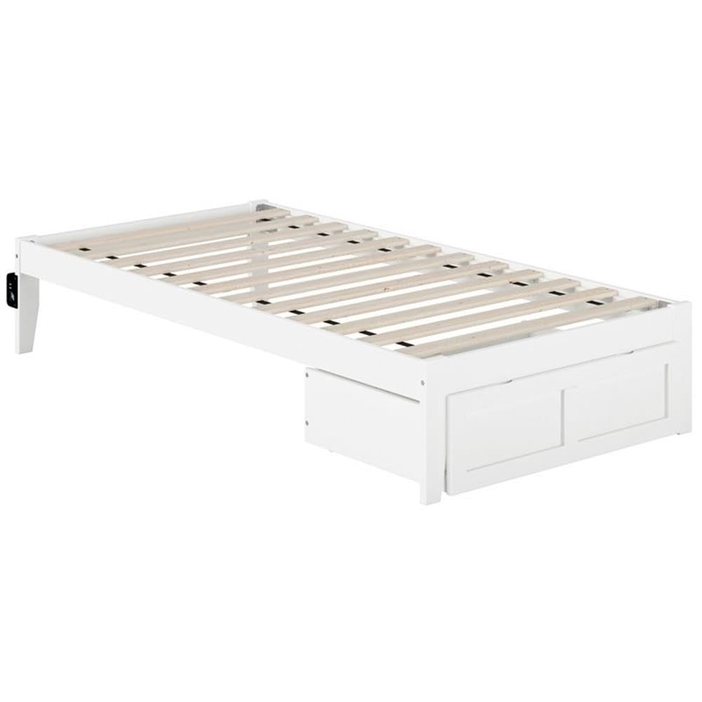 BOWERY HILL Modern White Wood Twin Bed with Foot Storage Drawer and USB Charger - Perfect for Kids' Bedrooms, Guest Rooms & Small Spaces