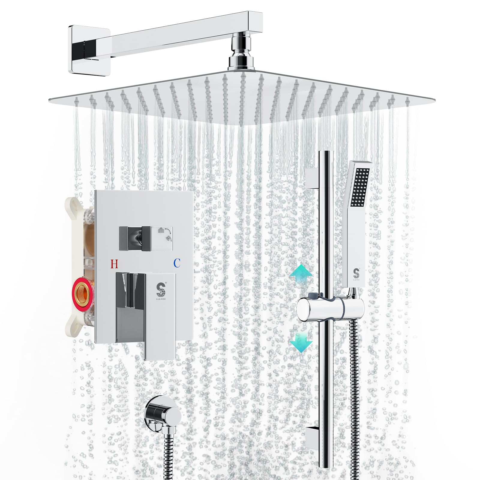 SR SUN RISE 12 Inch Slide Bar Shower System - Square Rainfall Shower Head & Handheld Spray Combo, Wall Mounted Shower Faucet Set with Valve & Trim Kit in Polished Chrome | Perfect for Modern Bathroom Renovation & Spa-Like Shower Experience