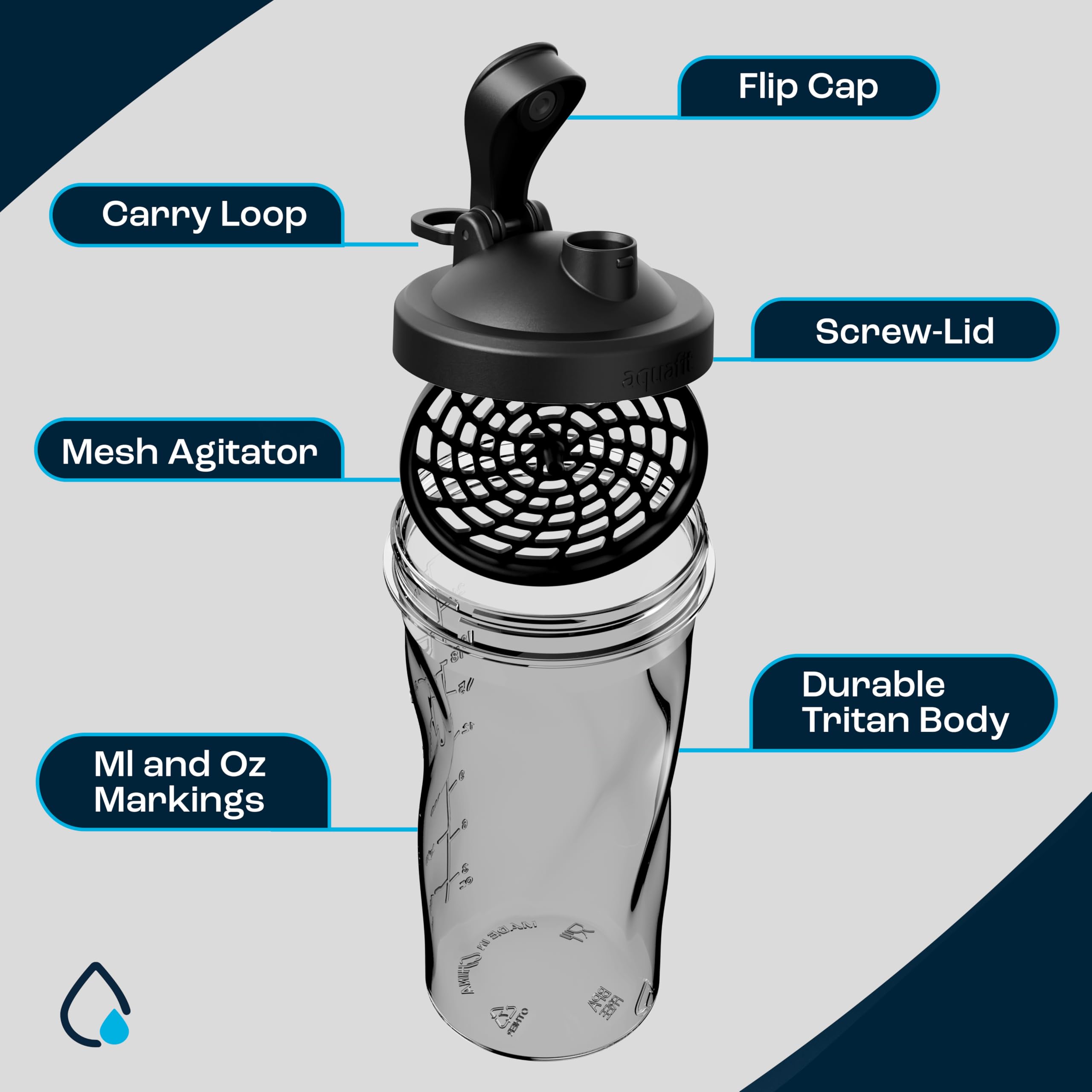 AQUAFIT 24oz Protein Shaker Bottle with Leak-Proof Lid - BPA-Free Gym Water Bottle for Protein Shakes, Pre-Workout & Smoothies - Ideal for Fitness, Bodybuilding & Post-Workout Recovery (Clear-Black)