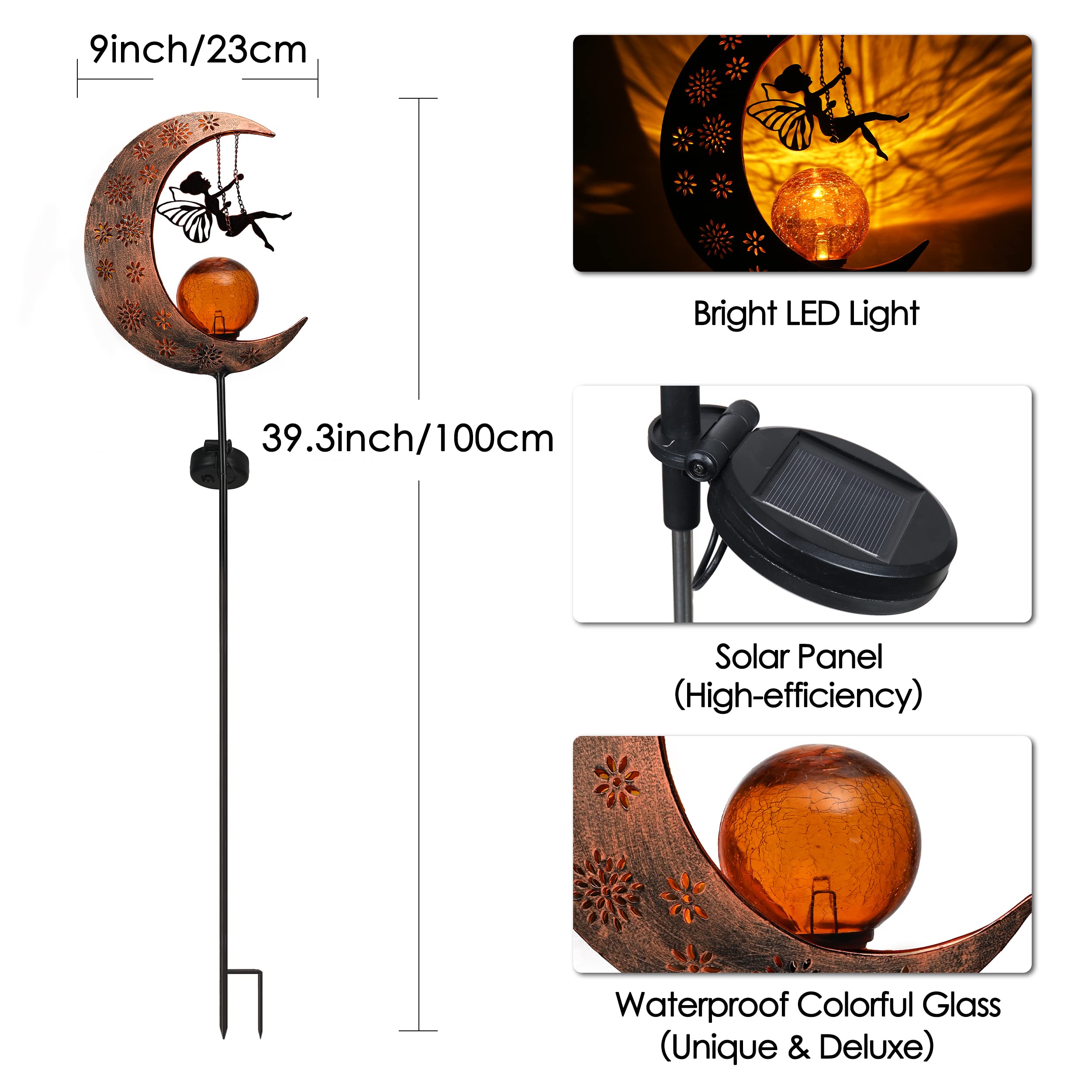 2 Pack Solar Moon Garden Lights - Crackle Glass Ball Metal Stake Lights for Yard, Lawn, Patio Decor | Outdoor Solar Powered Landscape Lighting for Garden, Pathway, Walkway Decoration