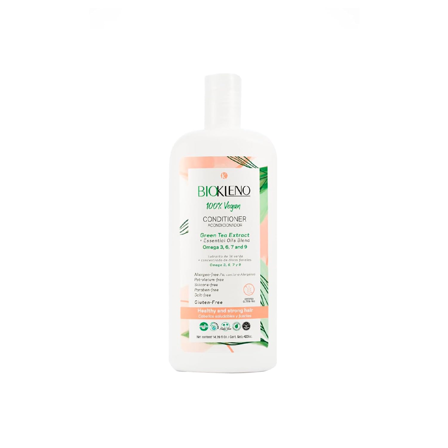 Biokleno Vegan Hair Conditioner with Green Tea Extract & Essential Oils - Omega 3,6,7,9 for Hair Repair & Nourishment - Paraben Free, Gluten Free - 14.2 fl oz - Perfect for Dry, Damaged Hair & Daily Hydration
