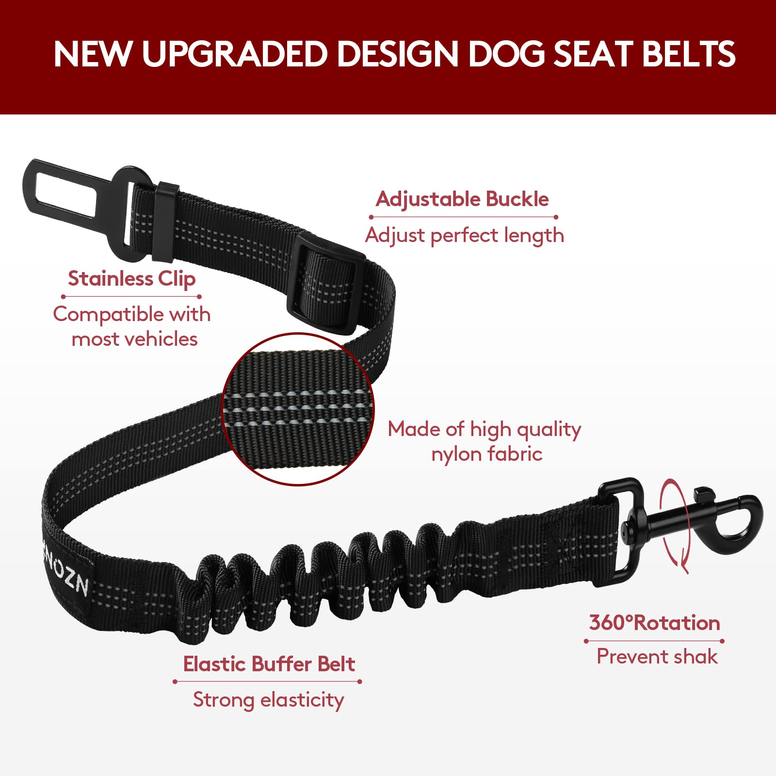 Retractable Dog Car Seat Belt - Heavy Duty Pet Safety Harness with Reflective Strips, Stainless Steel Hook & Elastic Bungee Buffer for Secure Car Travel - Perfect for Road Trips, Daily Commutes & Vet Visits (Black)