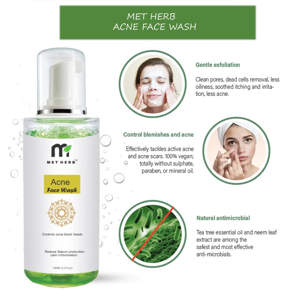 MET HERB Acne Face Wash with Aloe Vera, Lemon & Turmeric - For Oily, Acne-Prone Skin | Reduces Pimples & Blemishes for Flawless Glowing Skin | Men & Women | 100ml | Daily Cleanser for Clear, Healthy Complexion