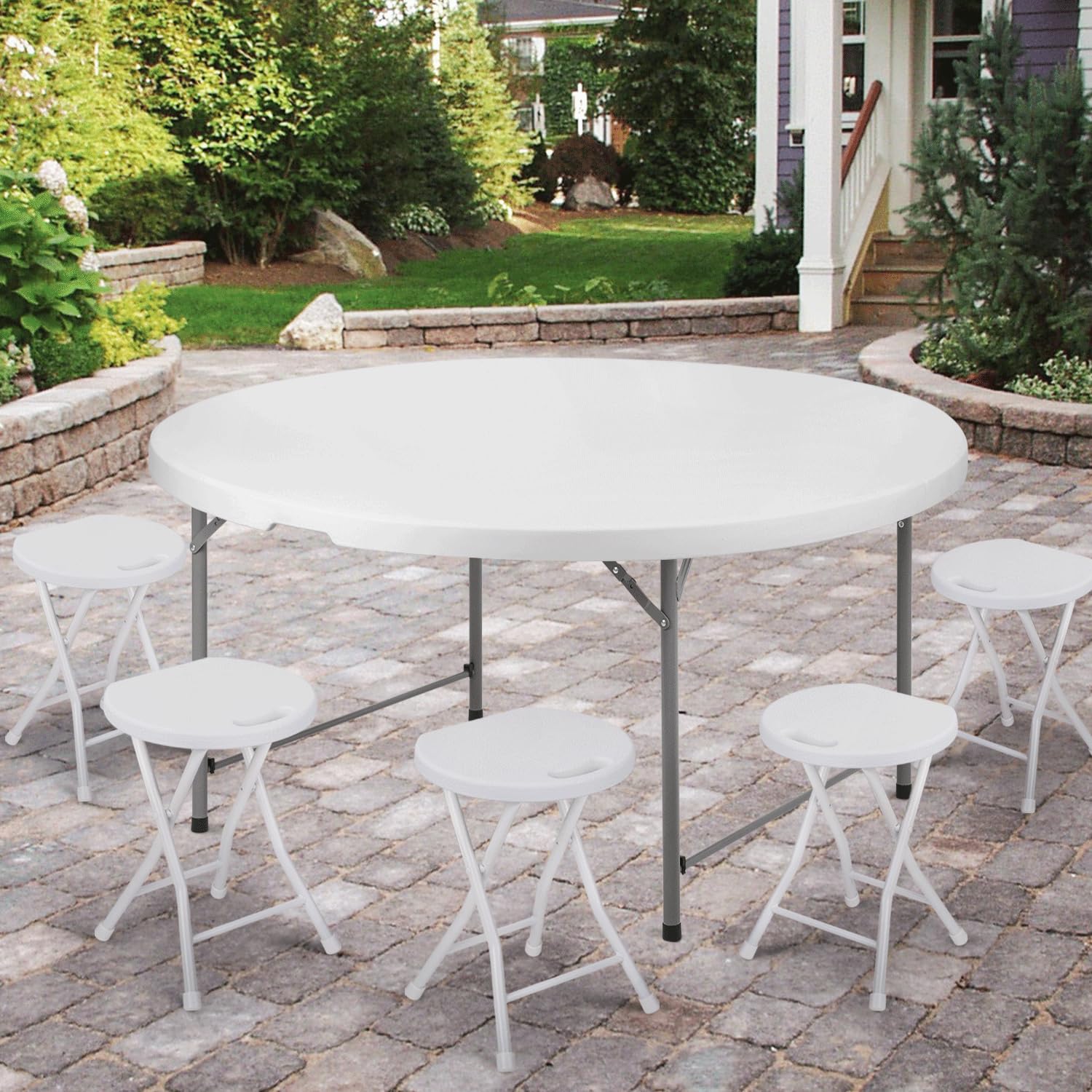 MoNiBloom 5.5 Foot Round Folding Table - Portable Plastic Dining Table with Handle & Lock for Indoor Outdoor Use - Perfect for Picnic, Party, Banquet, Wedding (White)