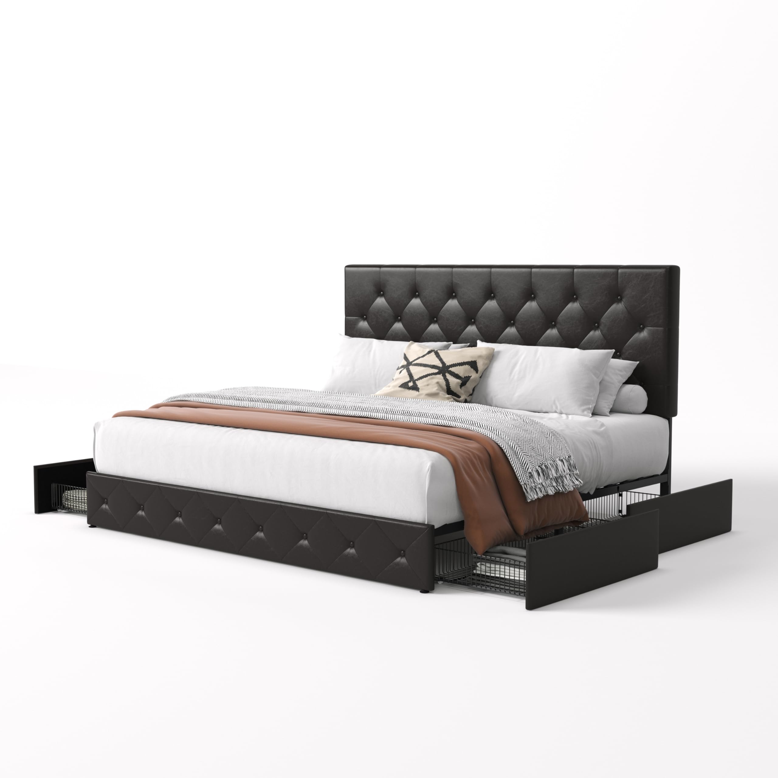 SHA CERLIN Upholstered King Size Platform Bed Frame with 4 Storage Drawers - Adjustable Diamond Stitched Headboard, Wooden Slat Support, No Box Spring Needed (Black Brown) - Perfect for Master Bedroom, Guest Room & Small Space Storage Solutions