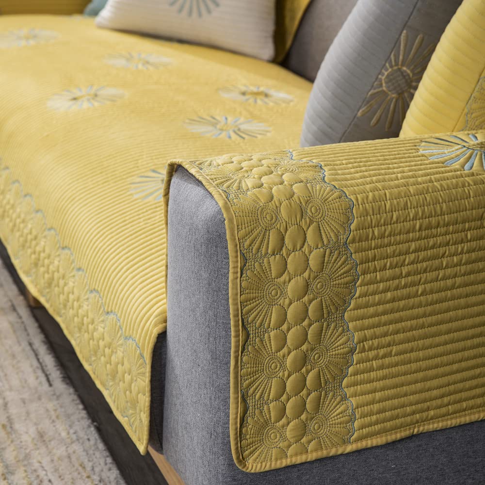 QUNLIPAI Embroidered Cotton Linen Sofa Cover - 110x160cm Yellow Couch Cover for Living Room, Sectional, Loveseat | Washable Stretchable Furniture Protector for Pets, Kids & Daily Use