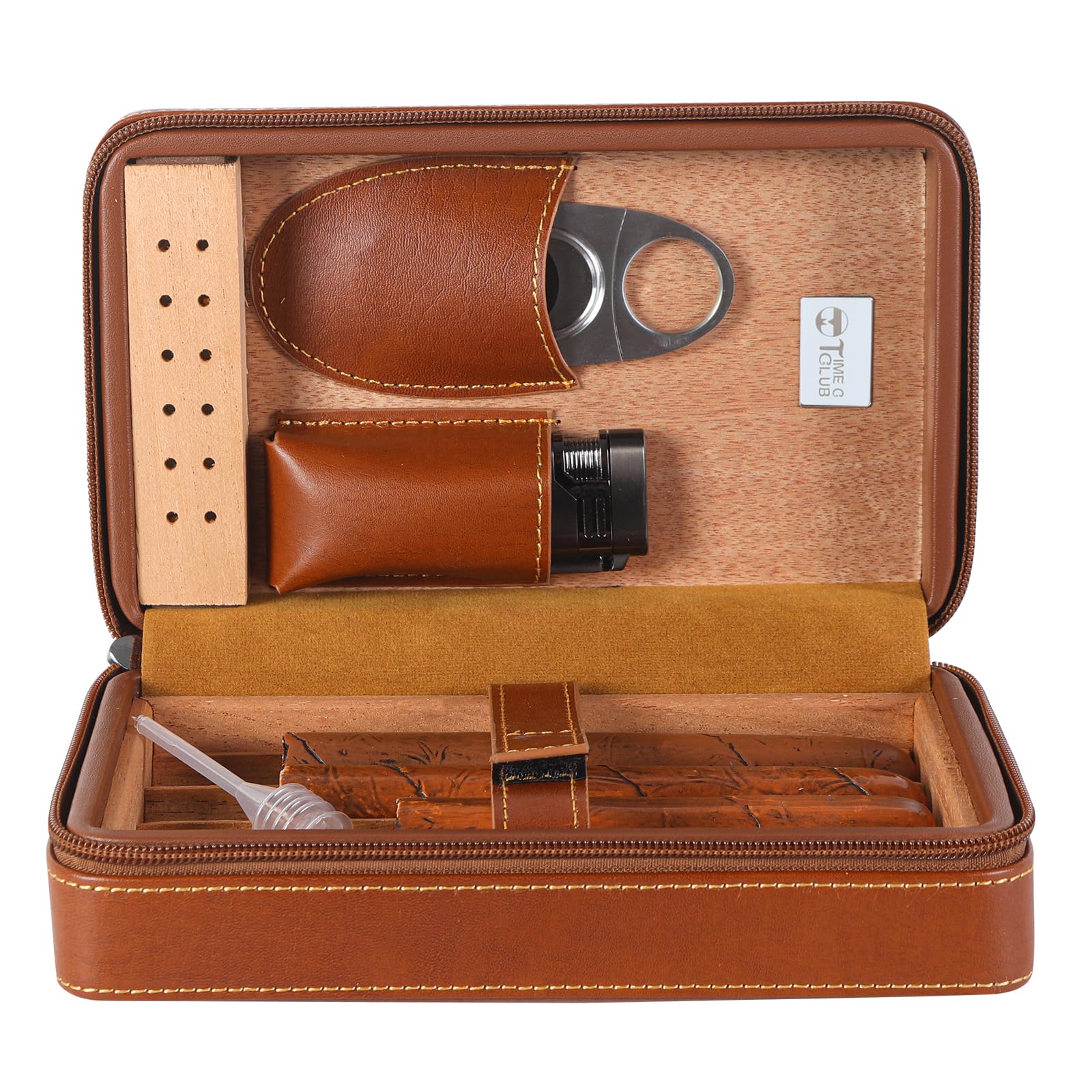 Premium 4-Finger Leather Travel Cigar Case Set with Cutter, Humidor, Lighter & Humidifier - Perfect Groomsmen Gift & Birthday Present for Cigar Lovers (Ideal for Travel, Weddings & Special Occasions)