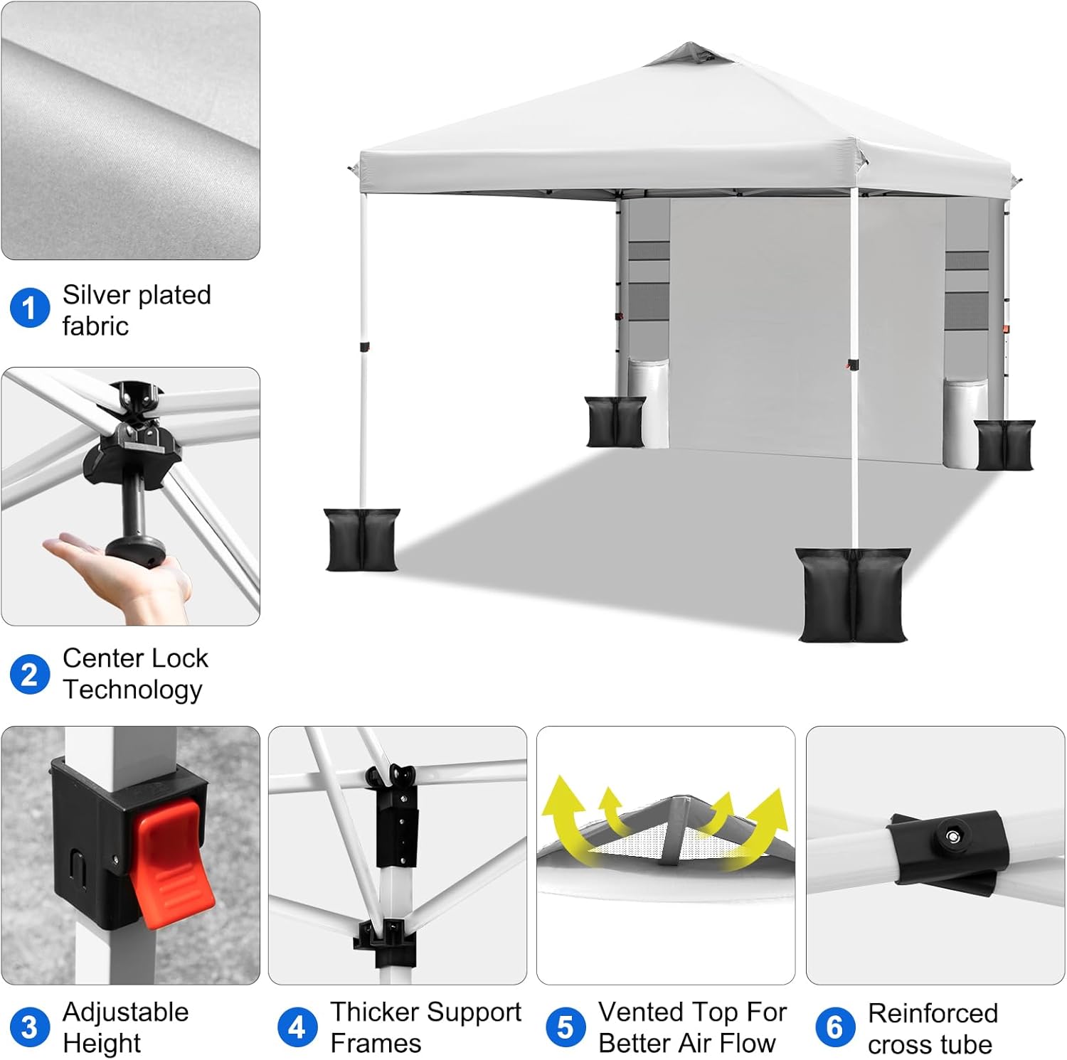 WEIZE 10x10 Pop Up Canopy Tent - Instant One-Button Setup Gazebo with Adjustable Height, 1 Sidewall & 6 Storage Pockets | Includes 4 Weight Bags | Portable Sun Shelter for Outdoor Events, Beach Parties, Camping, Backyard BBQs & Farmers Markets (White)