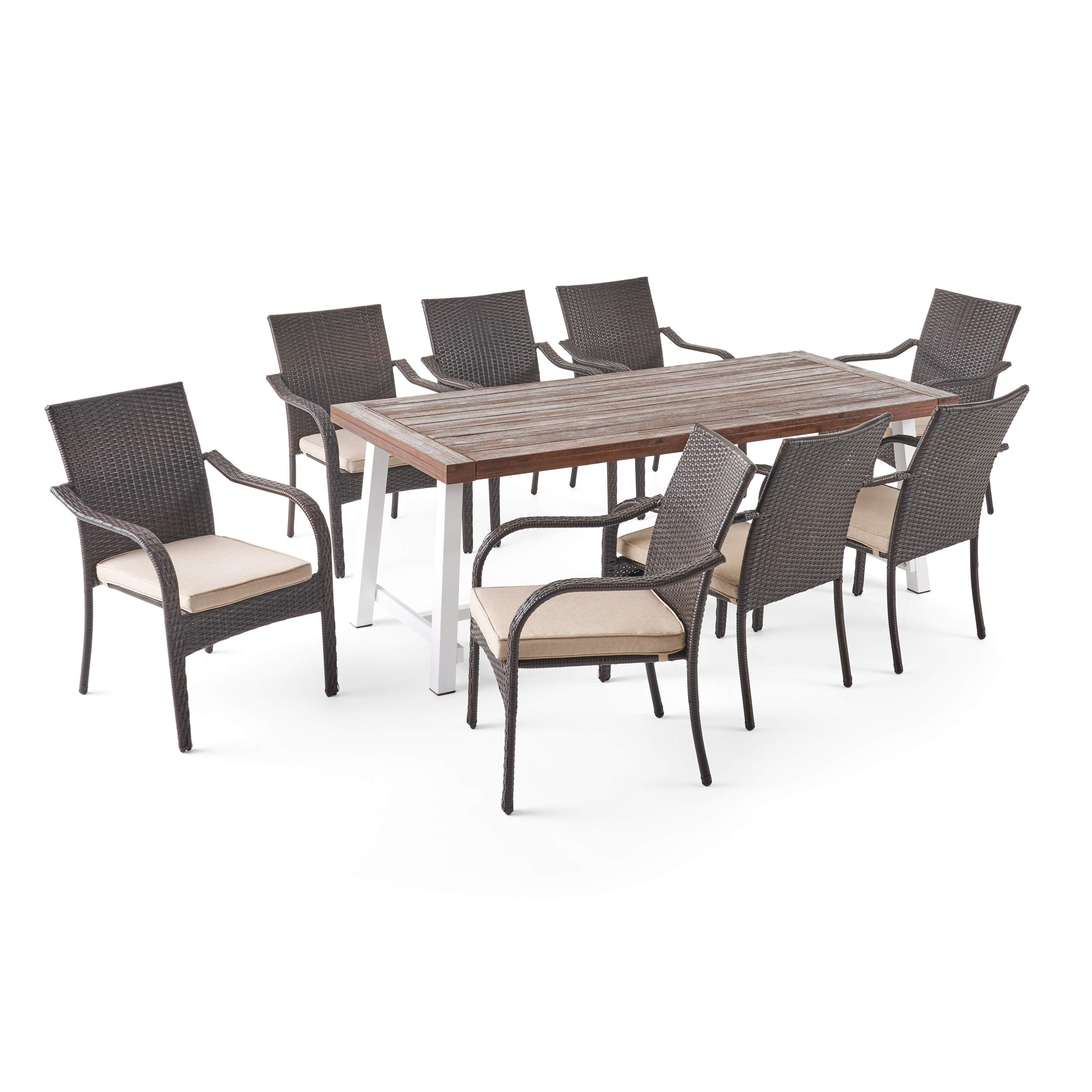 Premium 8-Piece Outdoor Dining Set - Dark Brown Wood & Wicker Patio Furniture for Backyard, Garden, Poolside - Weather-Resistant 8-Seater Table with Chairs - Perfect for Entertaining, BBQs, and Al Fresco Dining