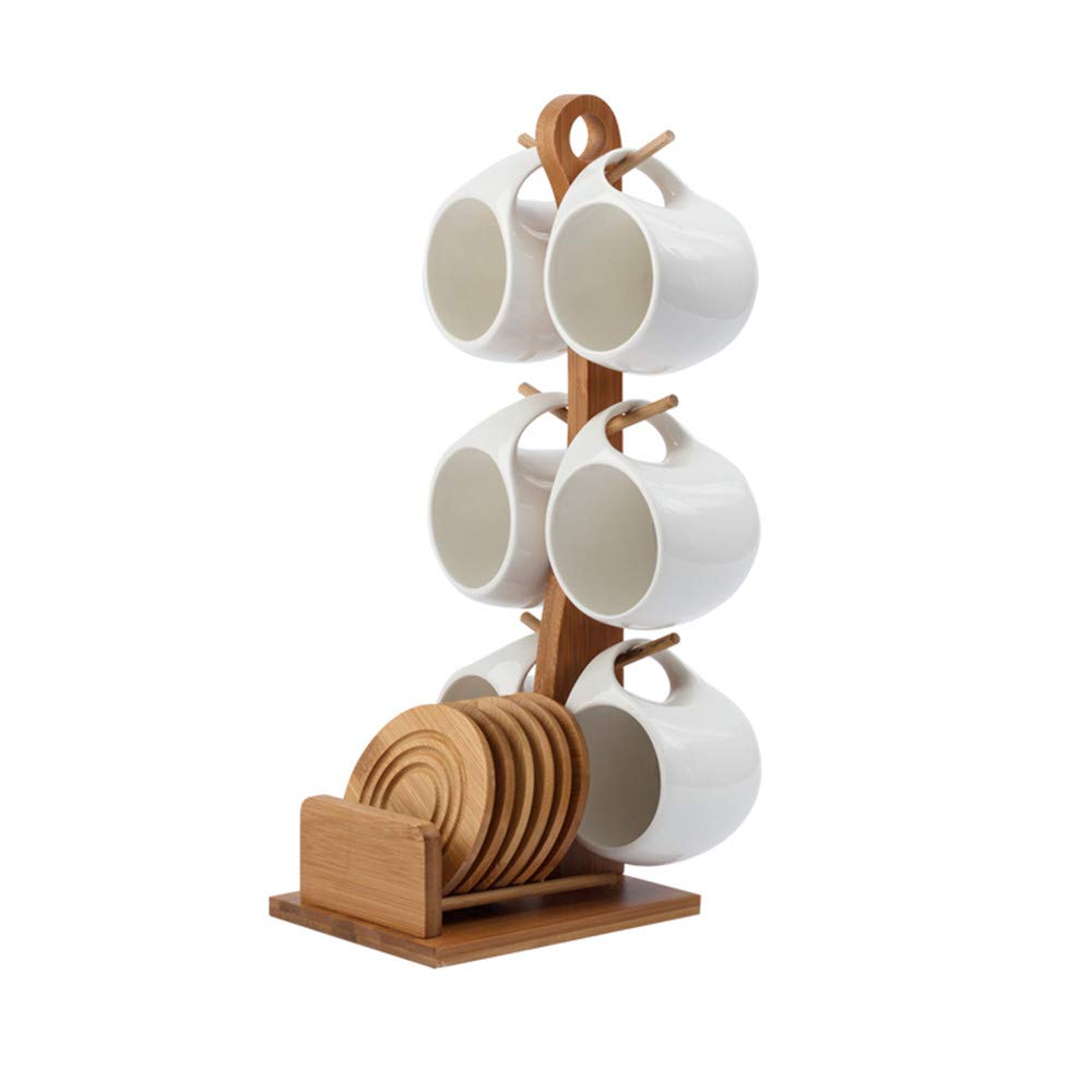Wooden Mug Holder Tree - 6 Porcelain Cups & 6 Silver Spoons with Bamboo Stand - Stylish Cup Rack Organizer for Home & Office - Perfect for Tea & Coffee Lovers (4.75 x 9 x 14.7 Inches) - Ideal for Kitchen Countertops, Coffee Bars & Dining Room Decor