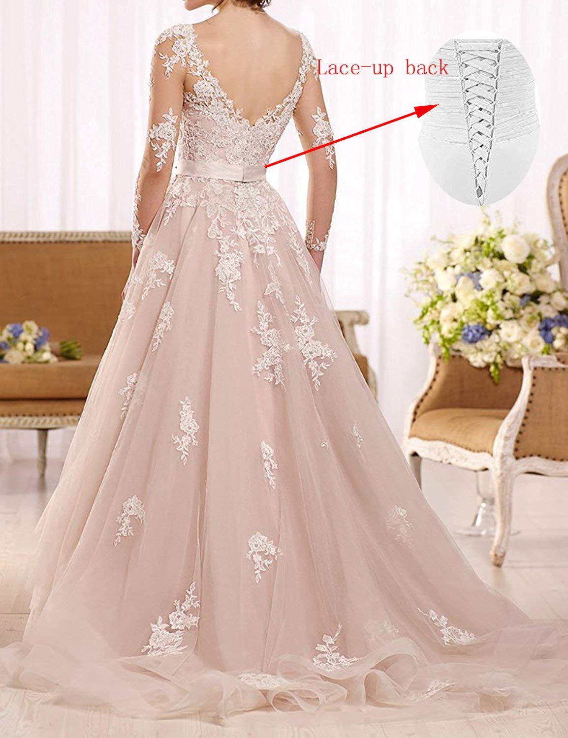 Sheer Long Sleeve Lace Applique Wedding Dress with Double V-Neck & Ruffled Organza Skirt - Elegant Bridal Gown for Church Ceremony, Garden Wedding & Romantic Photoshoots