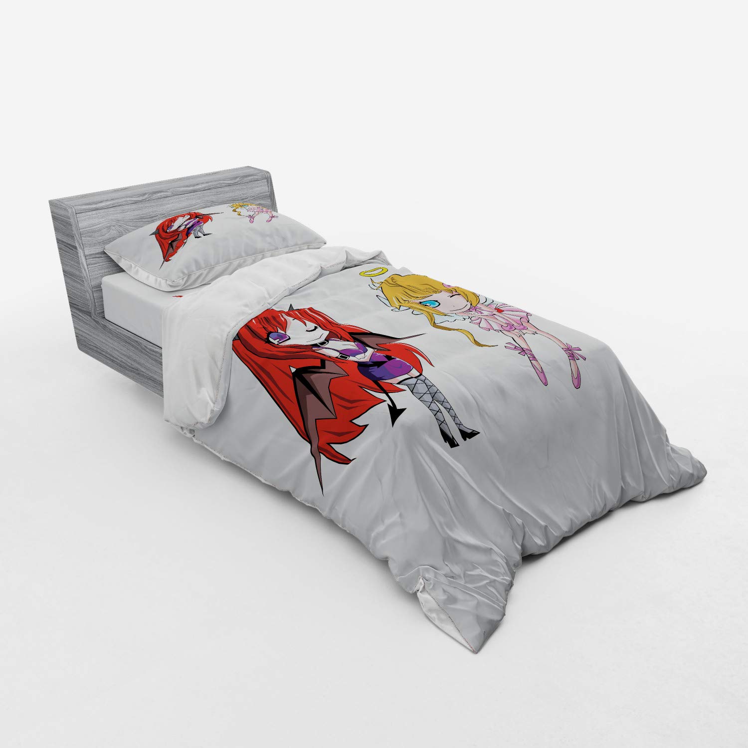 Ambesonne Anime Bedding Set - Angel Wings & Demon Girl Manga Print Duvet Cover 3-Piece Set with Pillow Sham & Fitted Sheet, Twin Size White | Japanese Comic Themed Bedroom Decor for Teens & Anime Fans