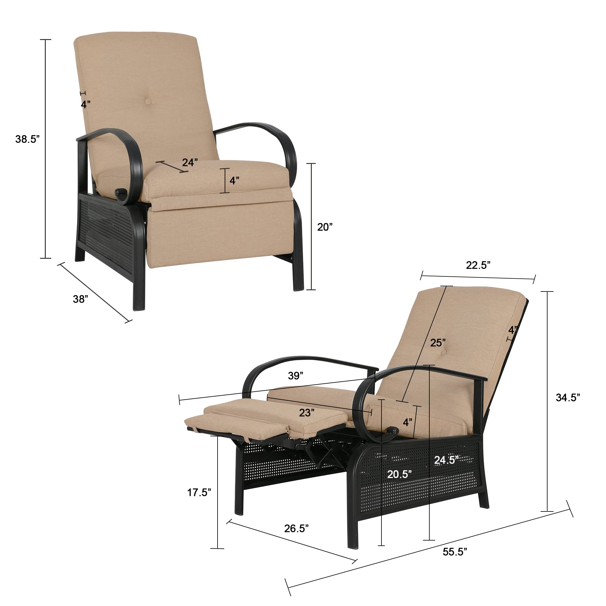 Adjustable Outdoor Reclining Lounge Chair with Extendable Metal Frame & Removable Cushions - Patio Recliner for Backyard, Poolside, Beach Relaxation & Sunbathing - Heavy Duty Beige Outdoor Furniture (NPT237)