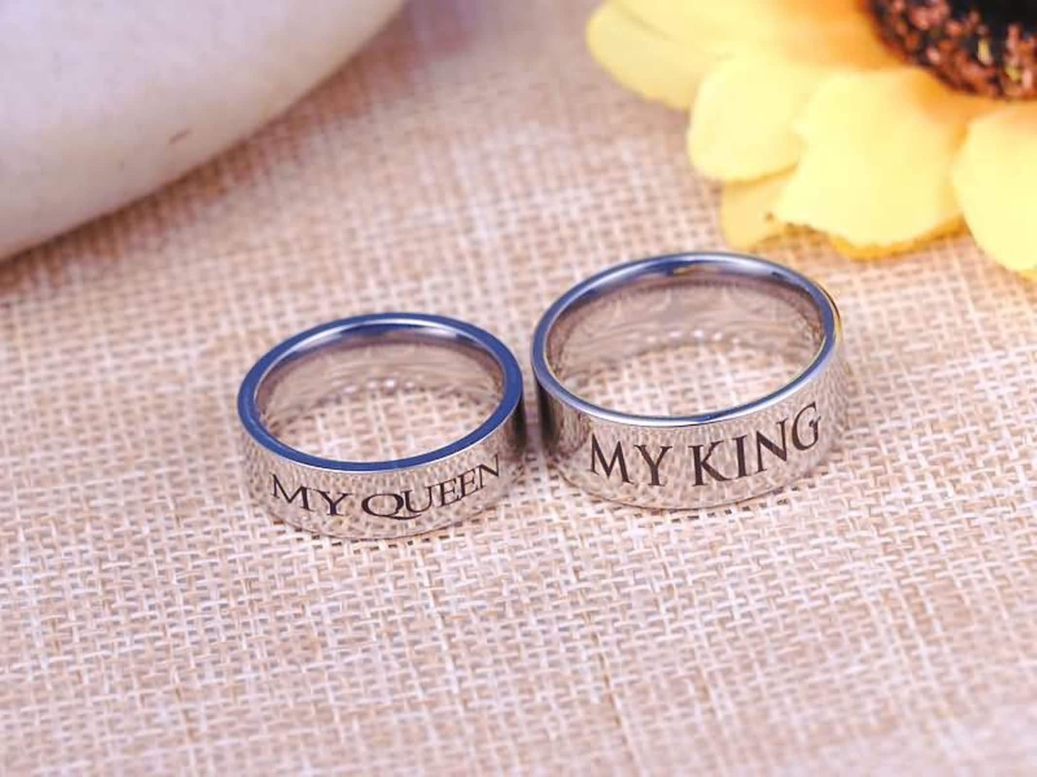 Stainless Steel Wedding Rings for Men & Women - Engraved 'My Queen & My King' Silver Couple Bands, Sizes 6-12 - Perfect for Valentine's Day, Anniversaries & Romantic Gifts