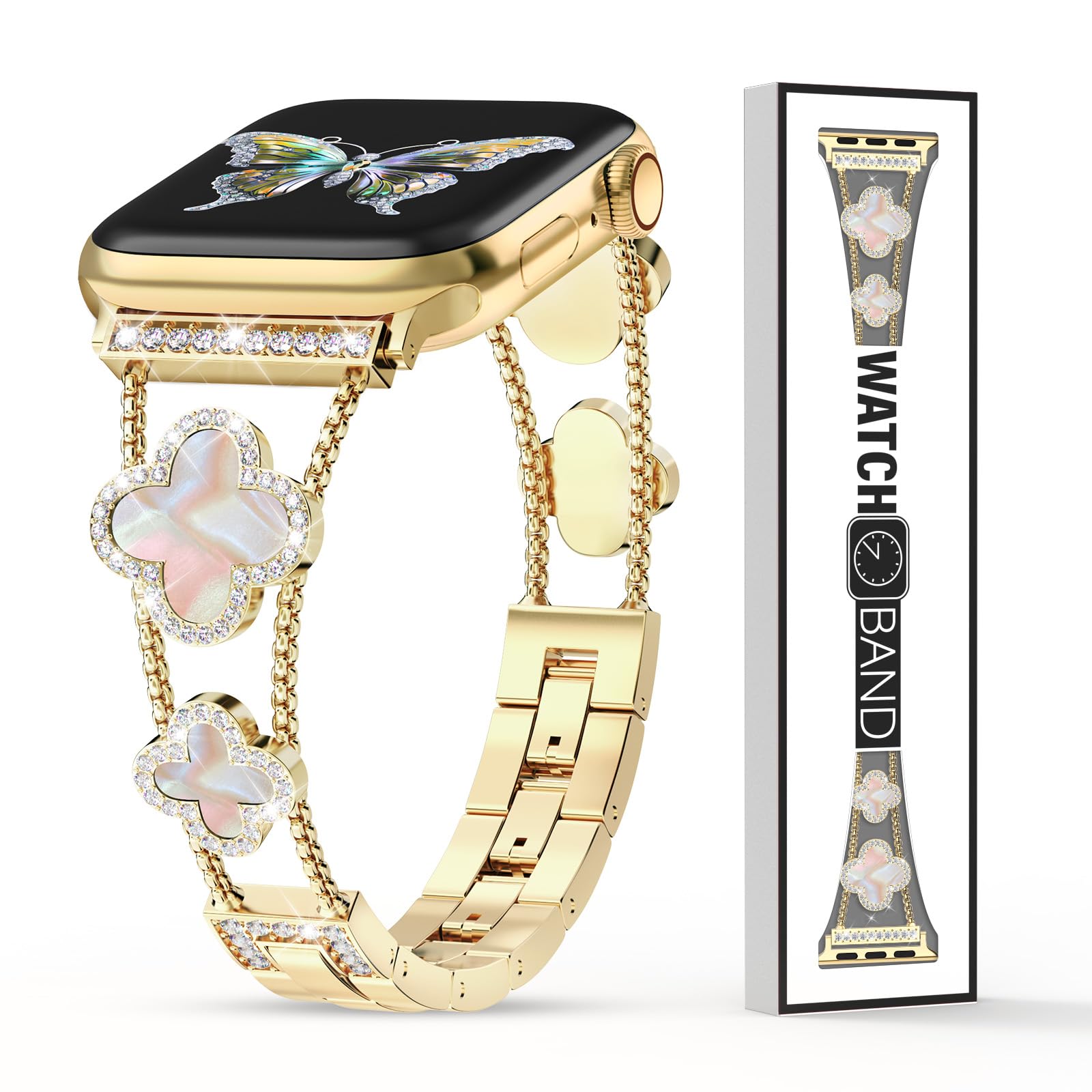Sparkling Diamond Clover Apple Watch Band for Women - Compatible with Series 10/9/8/7/6/5/4/3/2/1, SE & Ultra (38mm/40mm/41mm) - Luxury Replacement Bracelet for Workouts, Parties & Everyday Wear