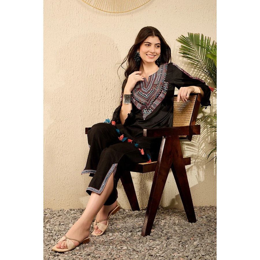 Stylish Black Embroidered Viscose Rayon Kurta Set with Straight Pants | Women's Indian Ethnic Wear | Perfect for Festivals, Weddings & Casual Outings