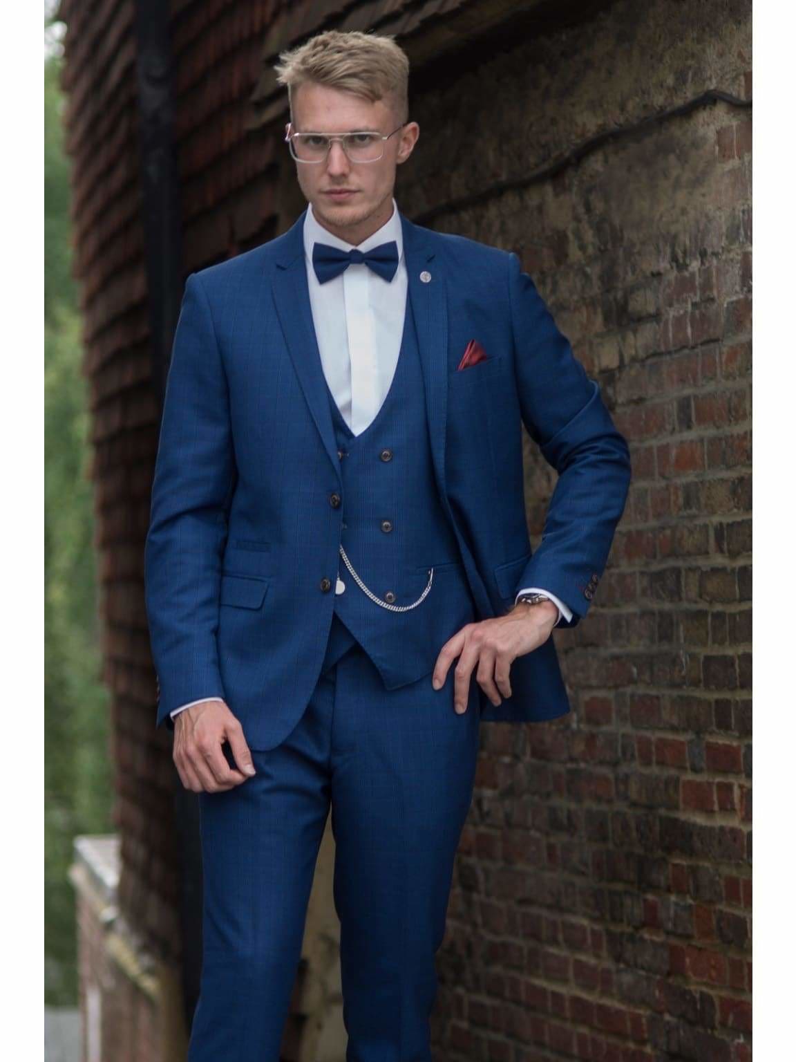 Marc Darcy George Royal Blue Check Three Piece Suit for Men | Formal Business Attire | Wedding, Office & Special Occasion Wear