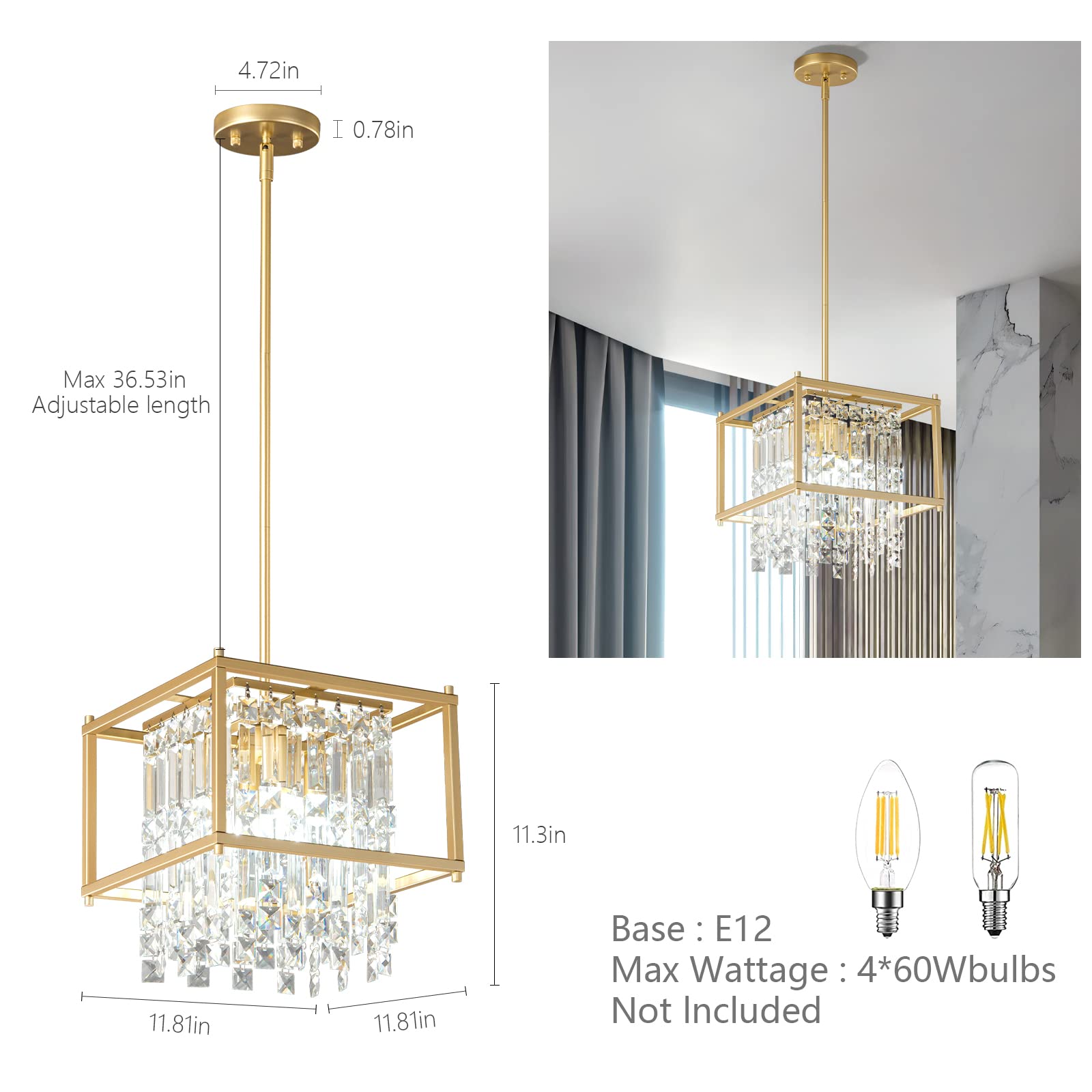LMQNINE 4-Light Square Industrial Farmhouse Chandelier - 11.81 Inch Gold Metal Crystal Pendant Light Fixture for Dining Room, Kitchen Island, Living Room - Perfect for Flat & Inclined Ceilings | Modern Farmhouse Decor & Rustic Home Lighting