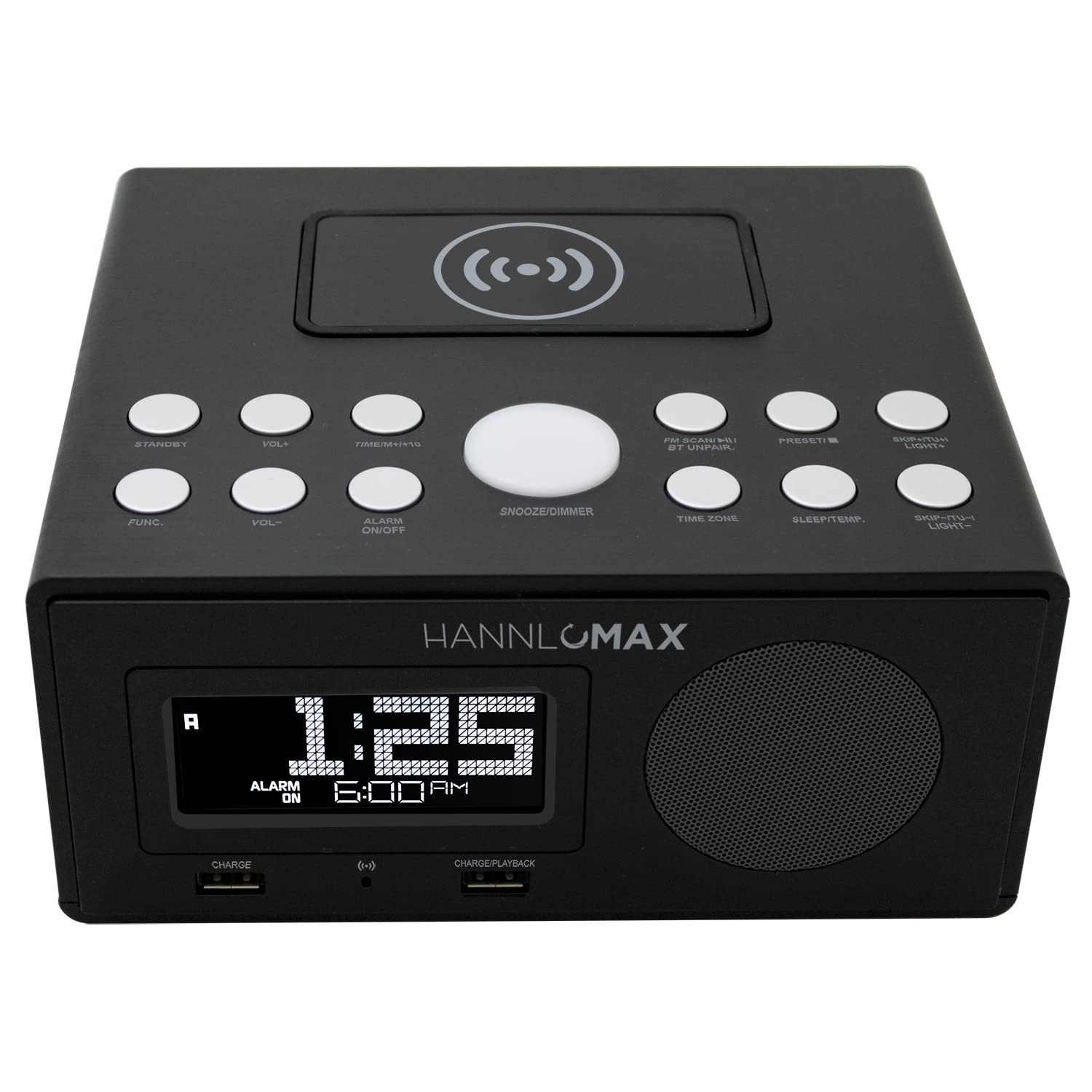 HANNLOMAX HX-202Qi Wireless Charging Alarm Clock Radio with Bluetooth, 10W Fast Charging, Dual USB Ports, Temperature Display & Nightlight - Perfect for Bedroom, Office, Travel (Black)