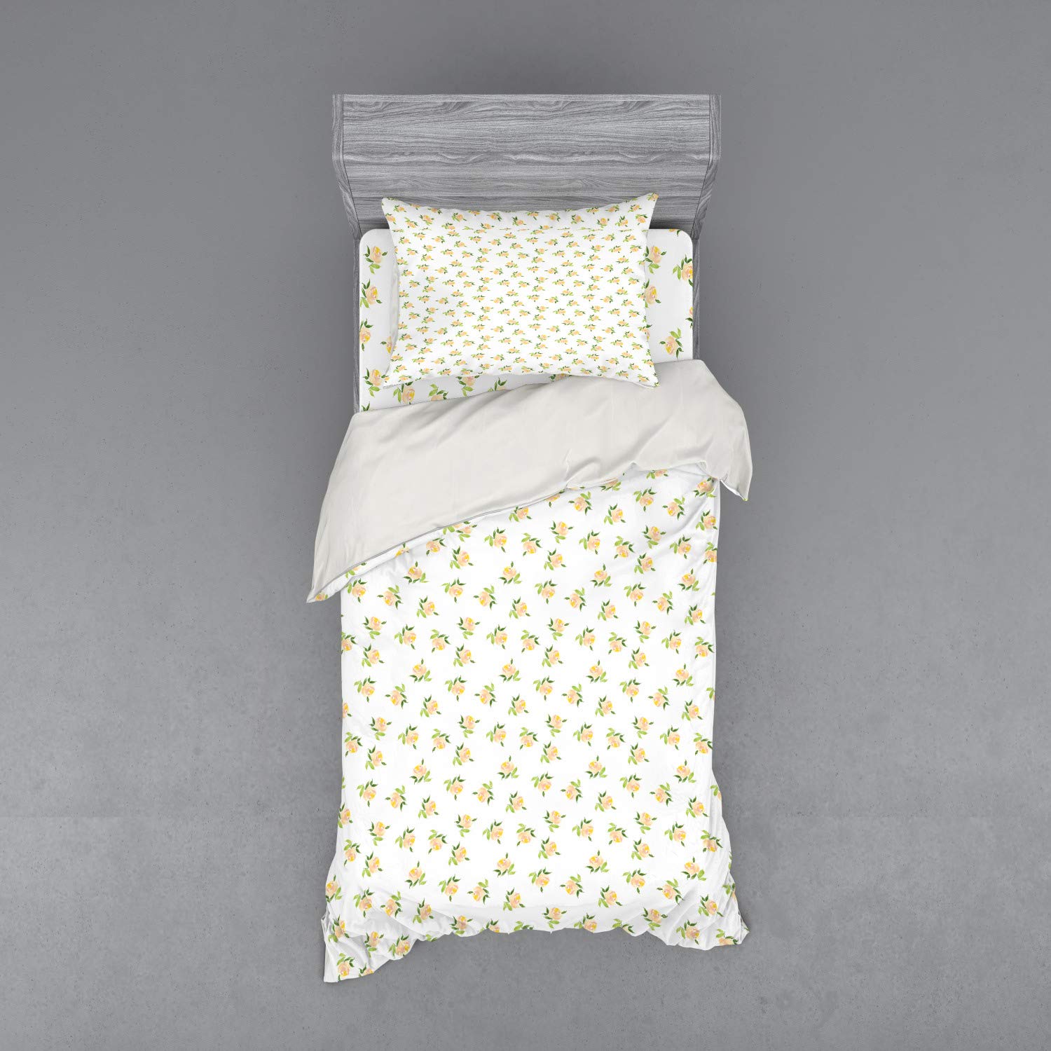 Ambesonne Floral Duvet Cover Set - Soft Toned Rose Bouquets & Bridal Branches Shabby Chic Design, 3-Piece Bedding Set with Pillow Sham & Fitted Sheet, Twin Size in Peach/Yellow/Olive Green | Perfect for Wedding Decor, Guest Room & Boho Bedroom Styling