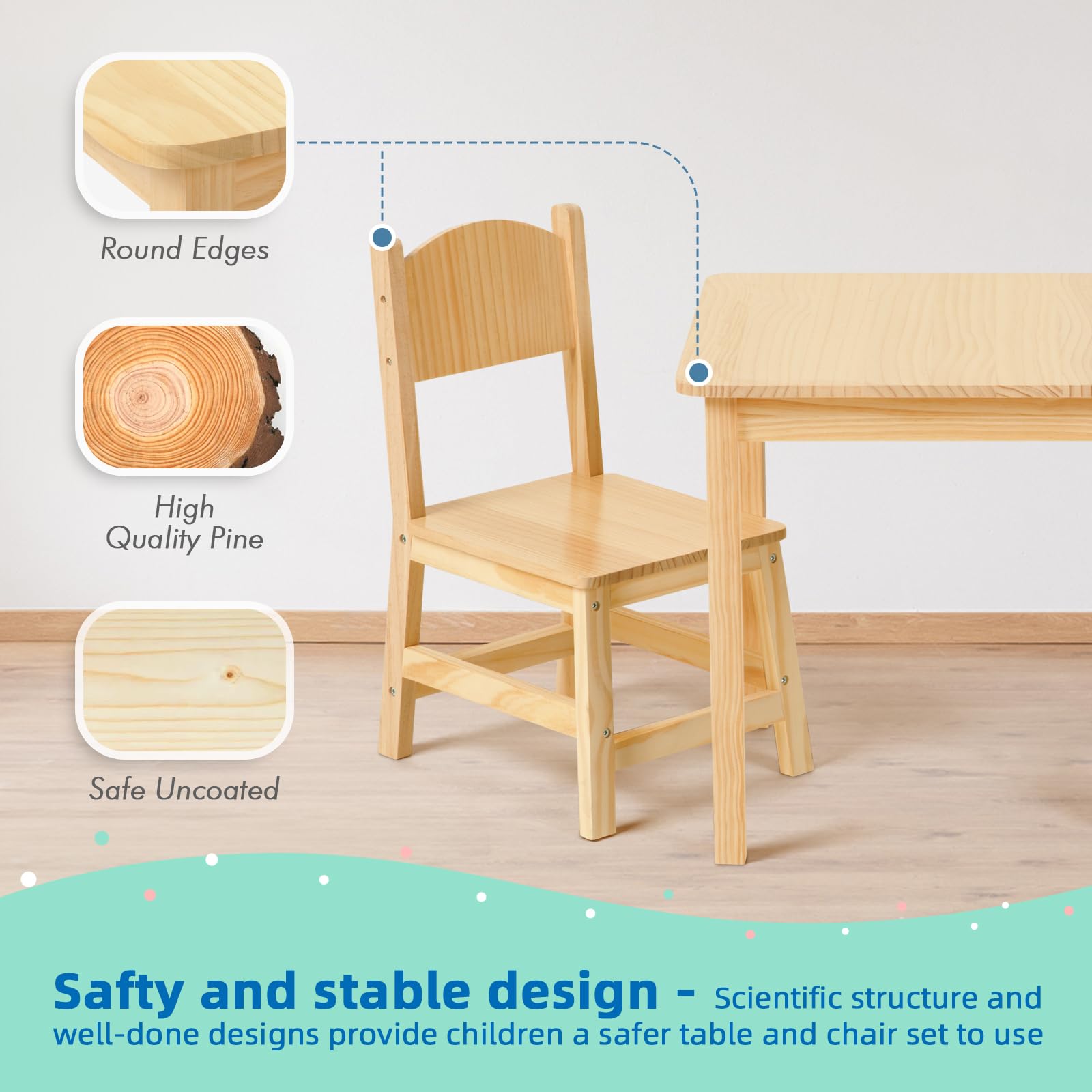OOOK Solid Wood Kids Table and Chair Set - Sturdy Toddler Table with 2 Chairs for Arts, Crafts, Reading & Learning - Perfect for Preschool, Kindergarten, Playroom & Homeschool Activities