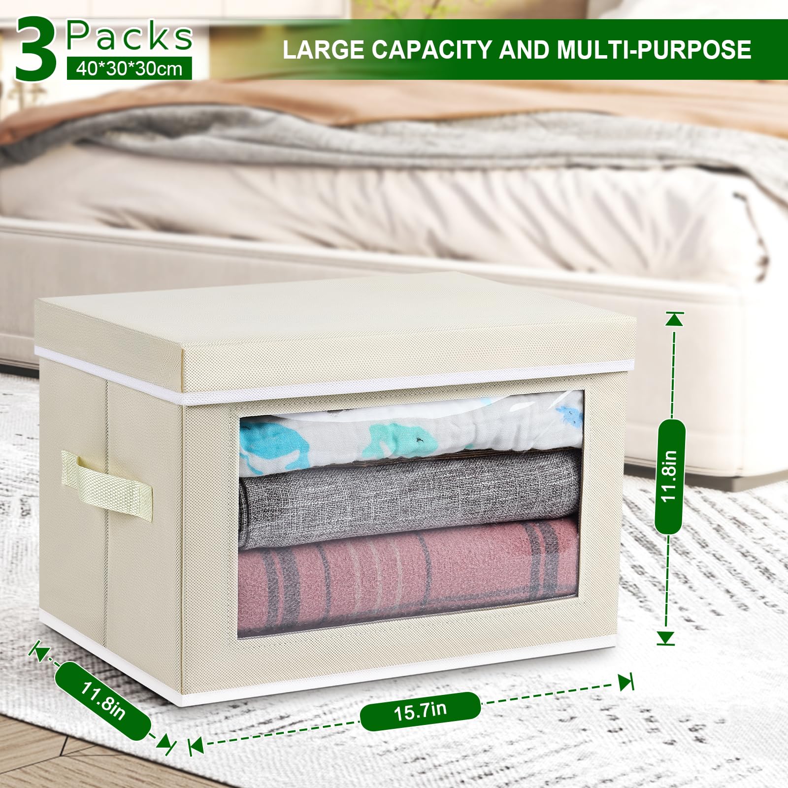 Fabric Storage Bins with Lids - 4 Pack Collapsible Storage Cubes with Window for Home & Office Organization - Beige | Perfect for Closet, Shelf, and Underbed Storage