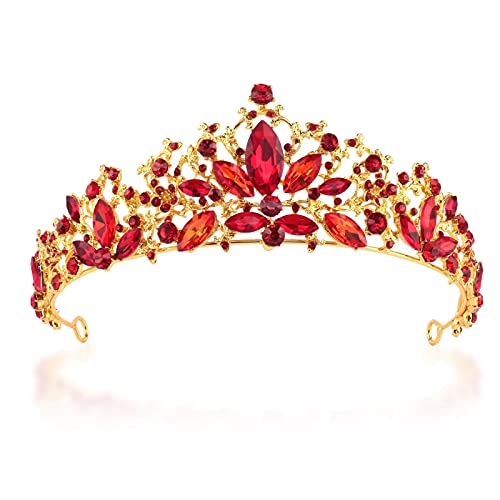 Elegant Gold Tiara with Red Rhinestones - Crystal Diamond Queen Crown for Birthday, Wedding, Bridal, Princess, Prom, Pageant, Costume Party & Halloween | Perfect for Cosplay, Royal Themed Events & Special Occasions (6.1x2.3 Inches)